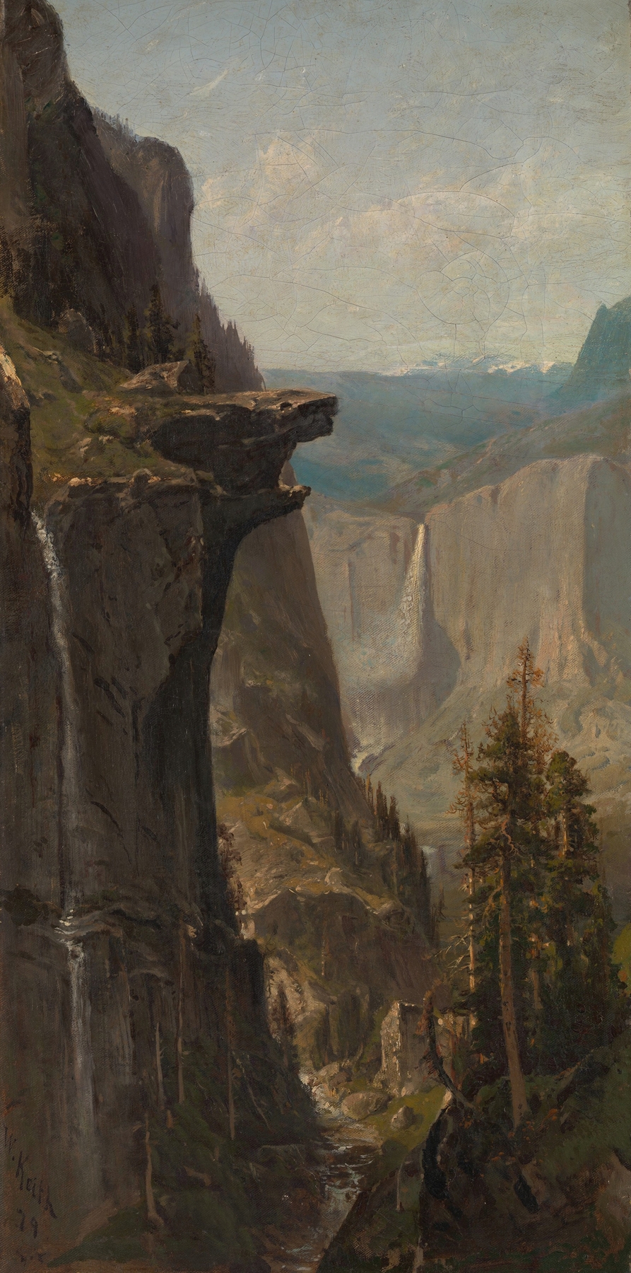 Yosemite Falls, from Glacier Point by William Keith, oil painting depicting a waterfall and mountains.
