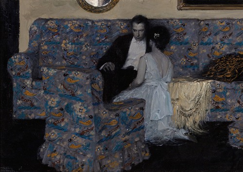 A painting by Dean Cornwell depicting various options in a thoughtful manner.