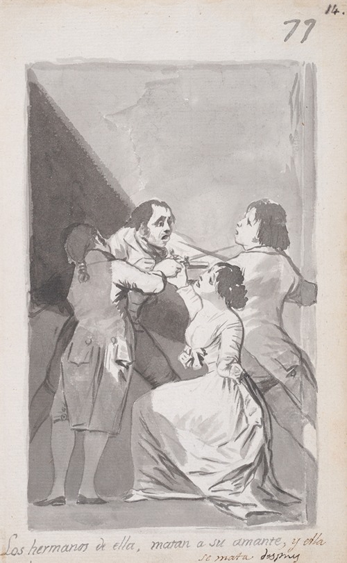 Goya's painting depicts a dramatic scene of familial violence.