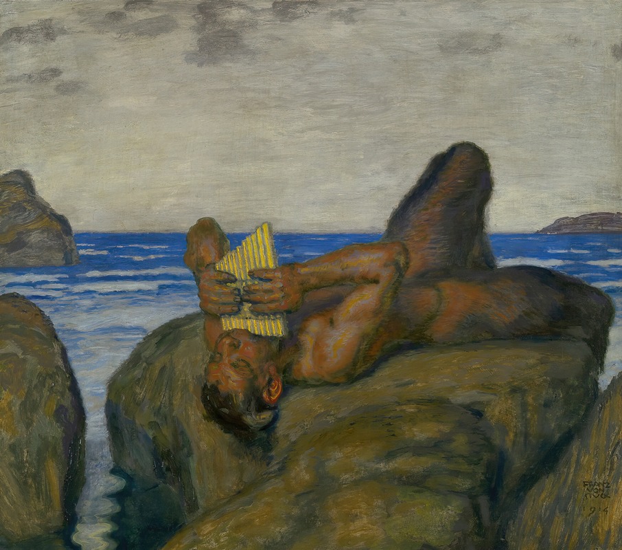 Franz von Stuck's 'Blowing Faun' depicts a mythical figure in a lush setting.