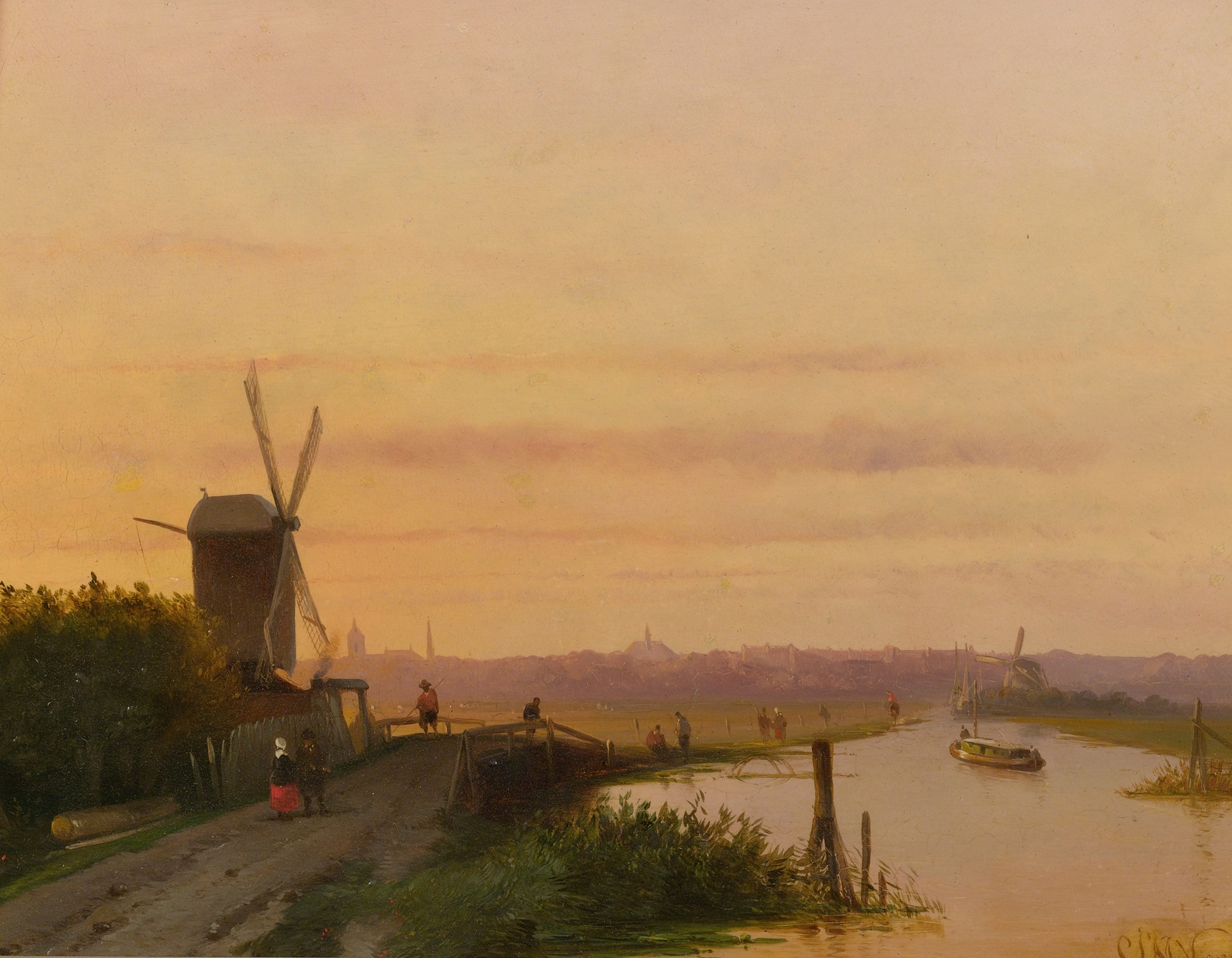 Sunset Over A Dutch Town by Dutch School, oil painting depicting a tranquil landscape with rooftops and canals.