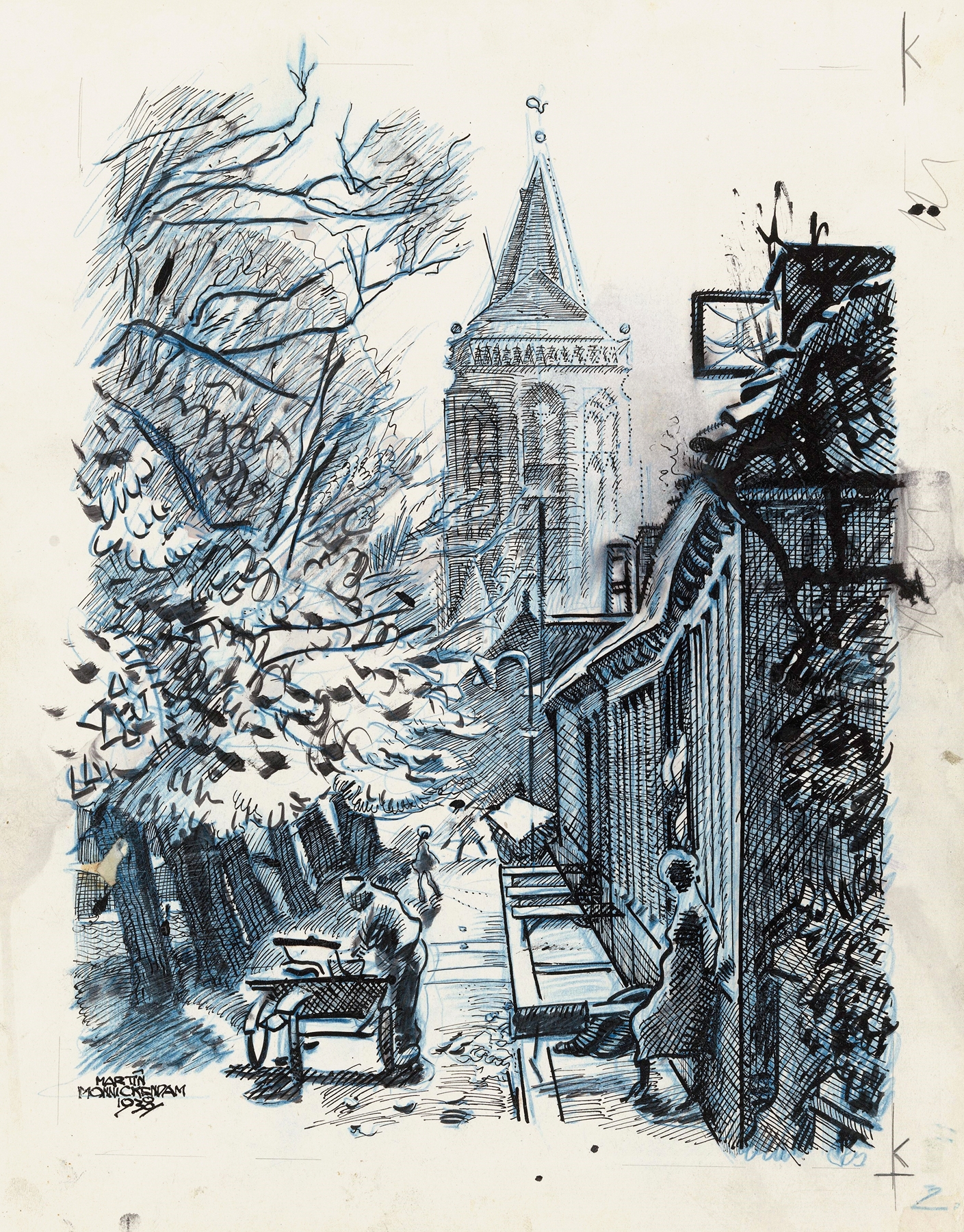 Oil painting by Martin Monnickendam featuring a village and St. Nicolaaskerk