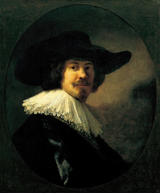 A striking portrait of a man wearing a broad-brimmed hat, showcasing Rembrandt's skill in capturing character.