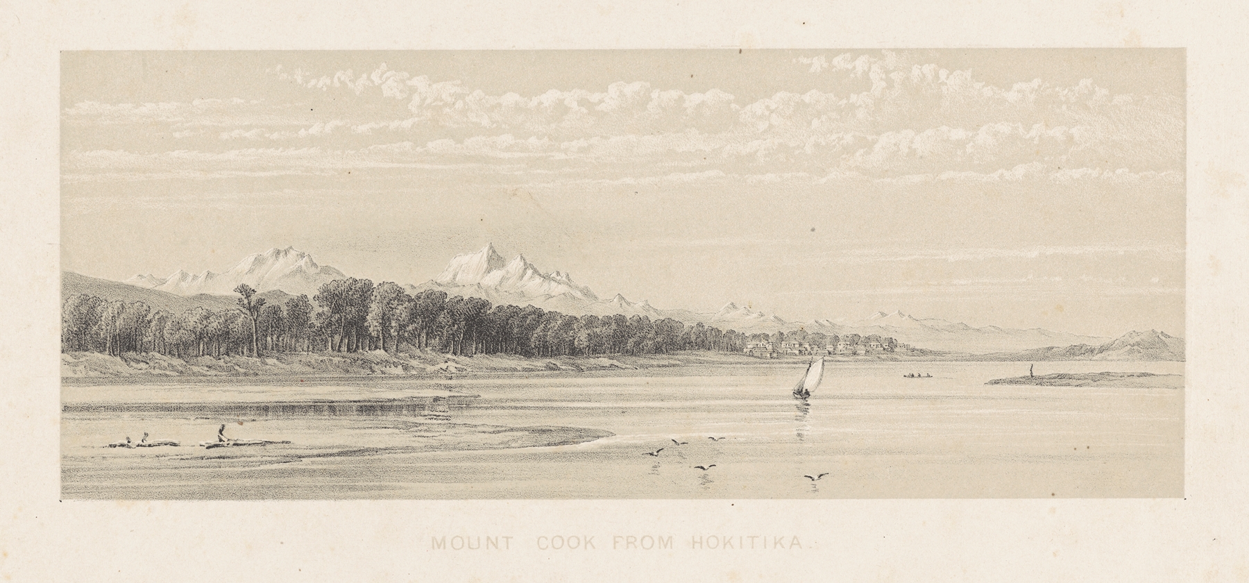 Engraving by Charles Decimus Barraud depicting Mount Cook from Hokitika
