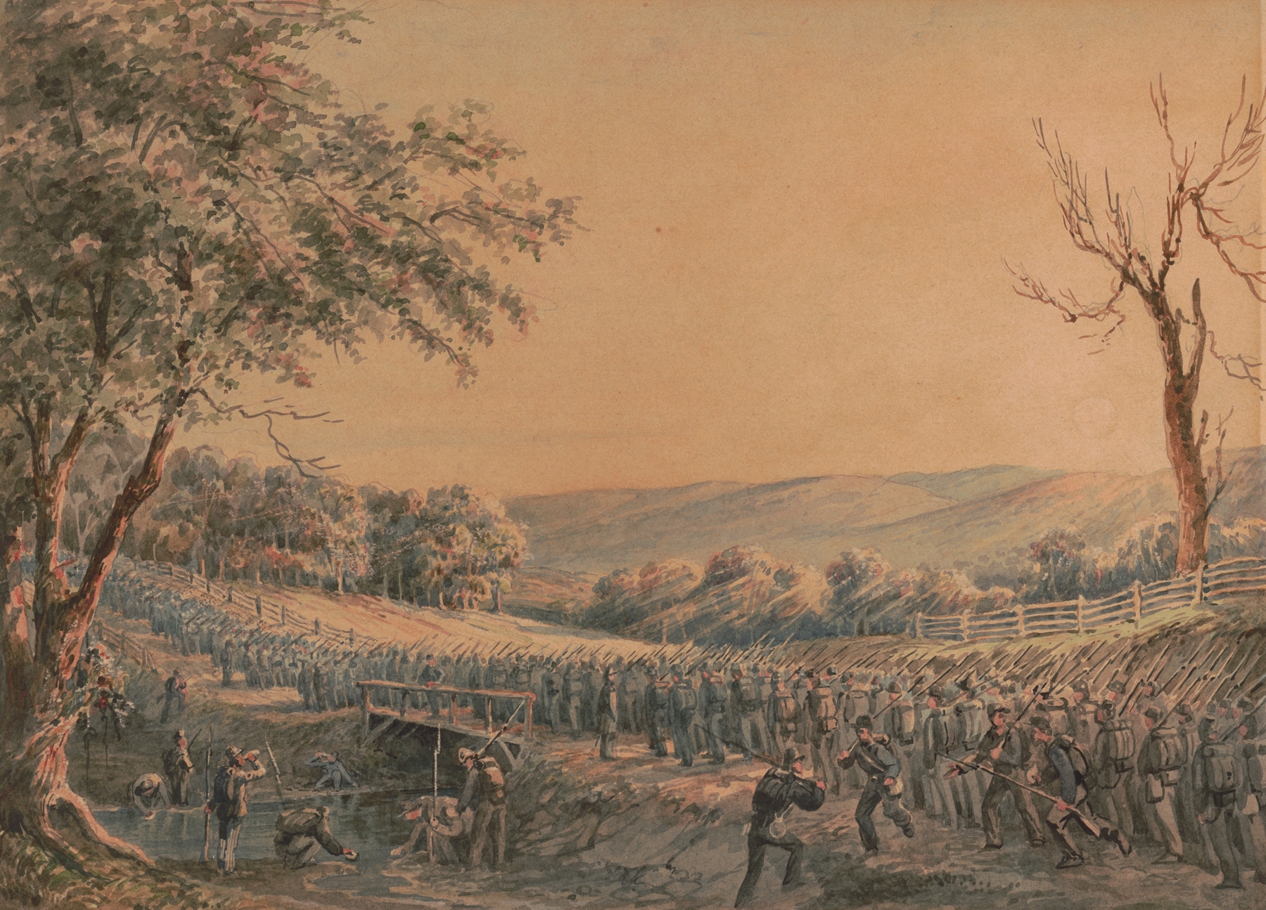 Historical scene with soldiers in varied uniforms, ink on paper by James Fuller Queen