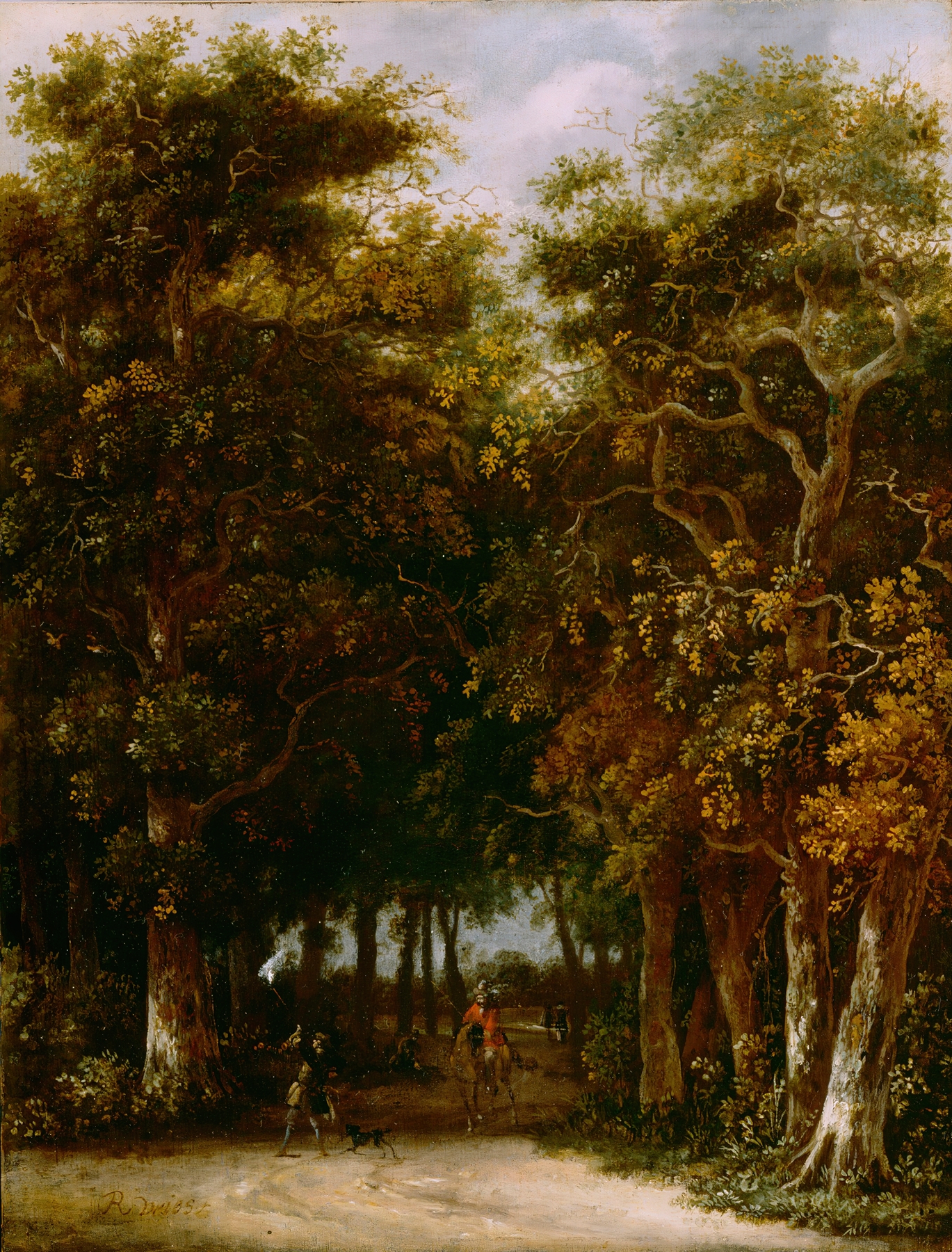Landscape with Hunter, oil on canvas by Roelof Jansz. van Vries, featuring a hunter in a tranquil forest.
