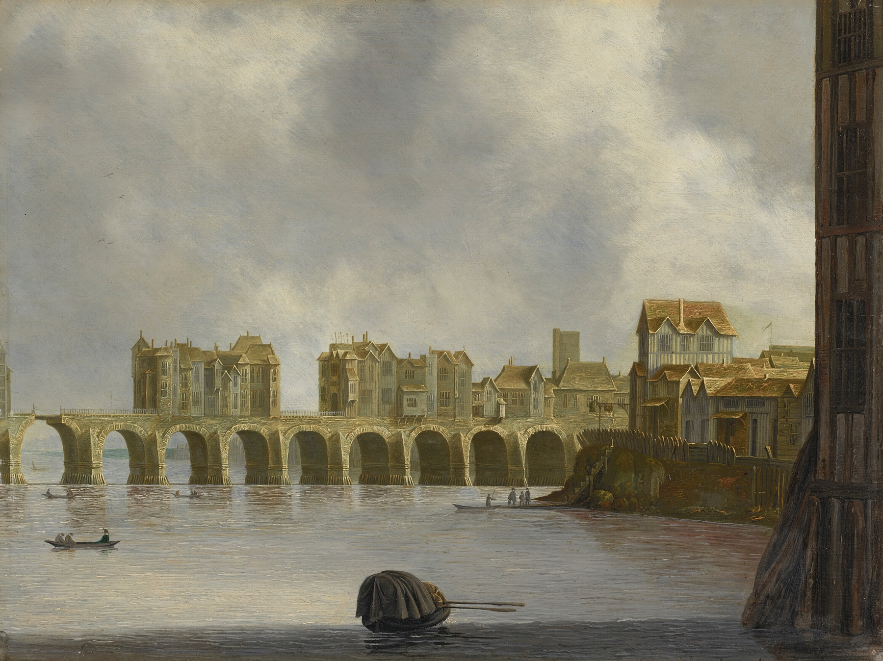 Old London Bridge by Claude de Jongh, oil painting depicting twilight over the river