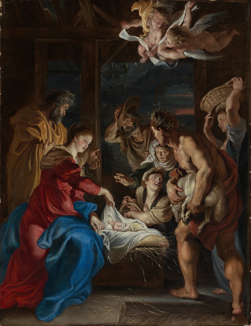 This painting depicts the adoration of the shepherds with rich colors and dynamic figures.