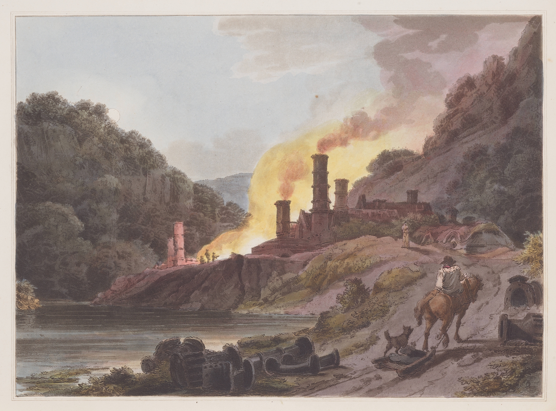 Iron Works, Colebrook Dale by Philip James de Loutherbourg, oil on canvas depicting laborers in an industrial setting.
