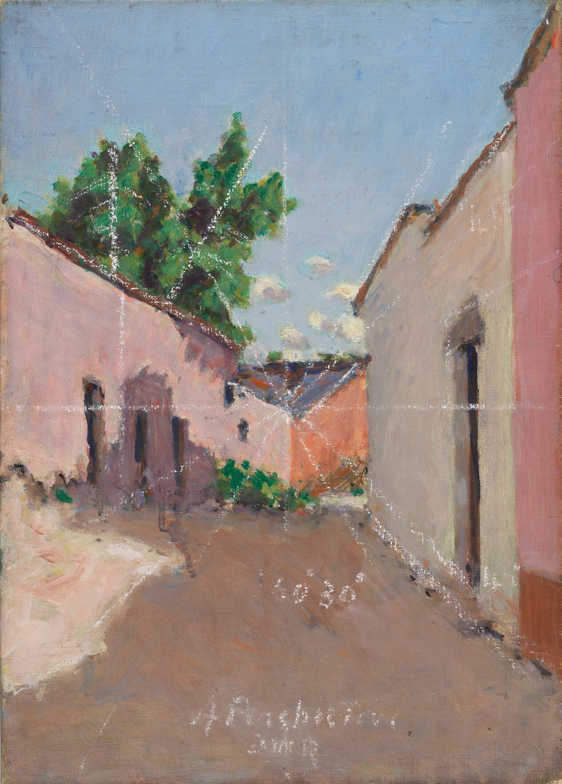 Courtyard by Denman Waldo Ross, oil painting depicting lush greenery and stone architecture