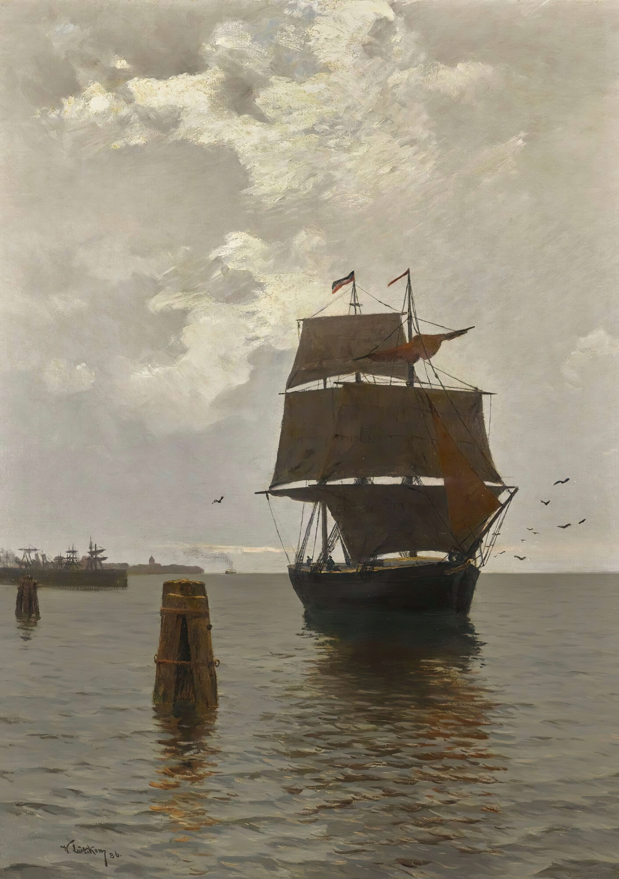 Sailing Ships On The Baltic Sea by Walter Leistikow, oil painting of sailboats on waves.