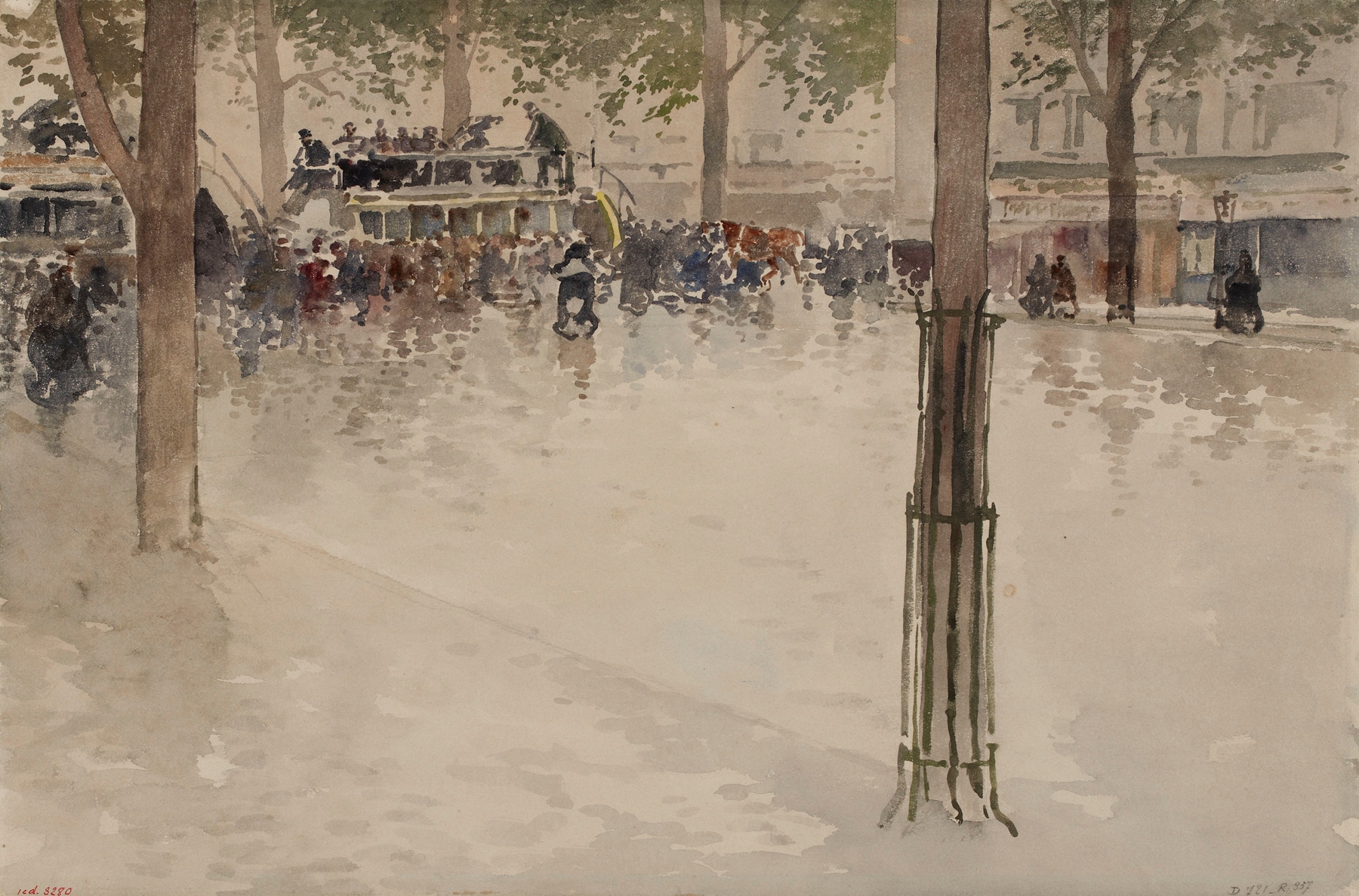 Genre scene in oil on canvas by Francis Garat, featuring gaslights and silhouettes.