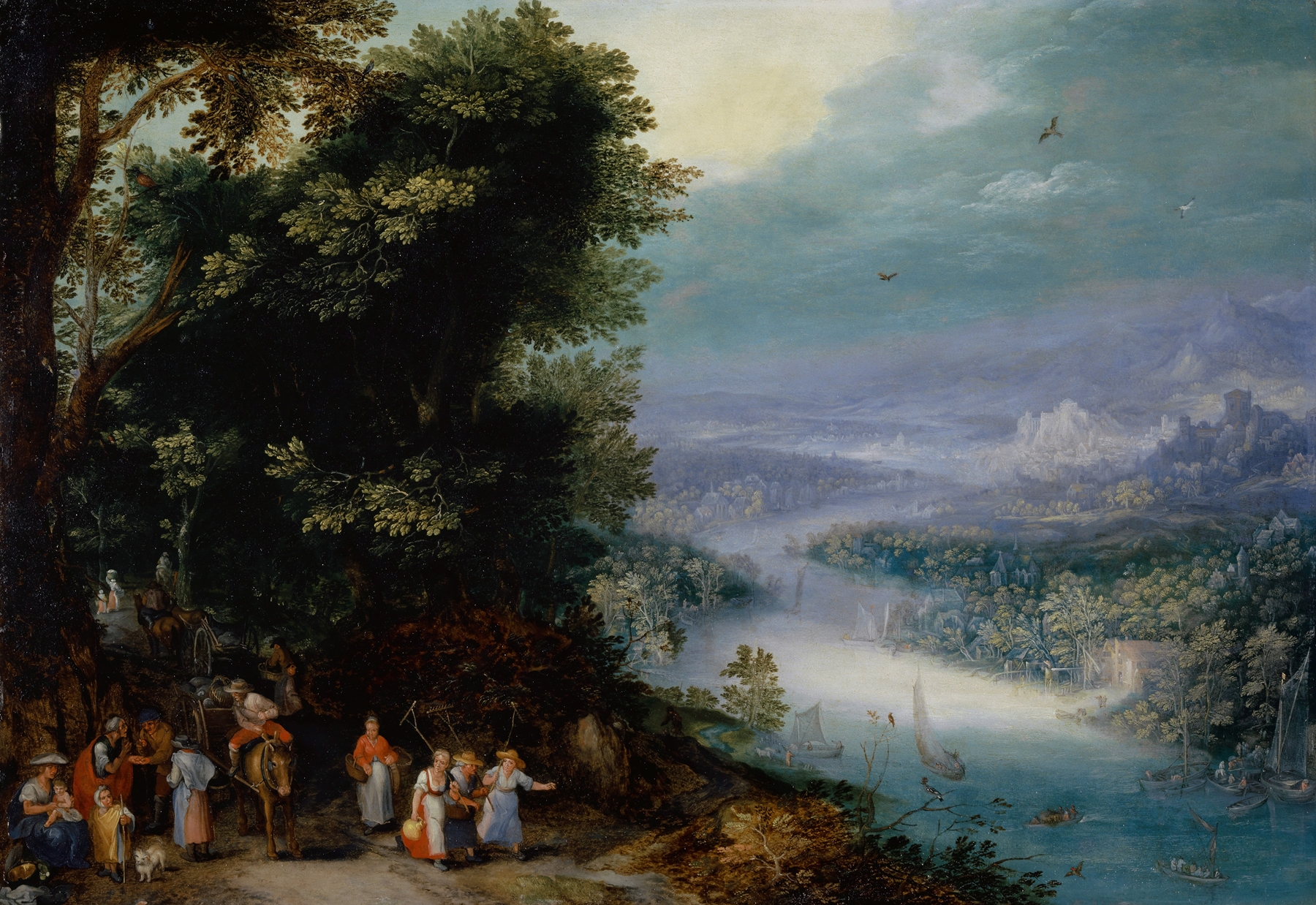 Wooded River Valley with Road, by Jan Brueghel the Elder, public domain