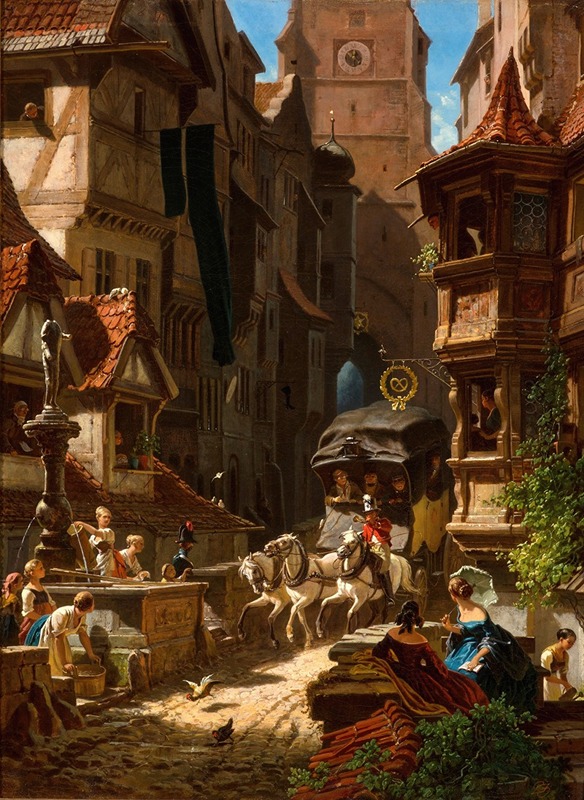 A stagecoach arriving in a lively village scene.