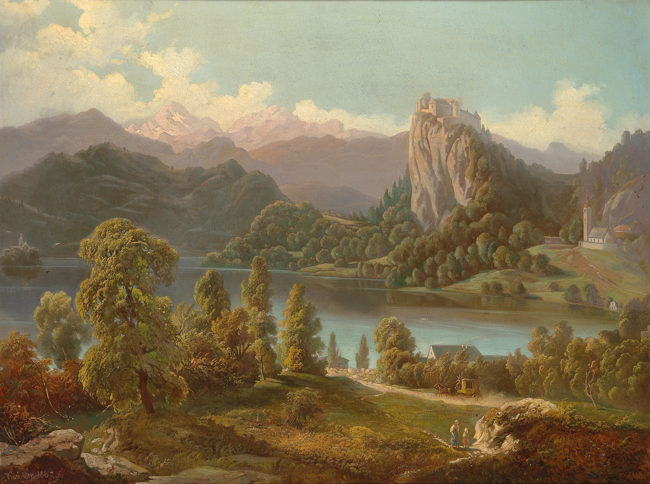 Lake Bled landscape with St Mary’s Church, oil painting by Anton Karinger