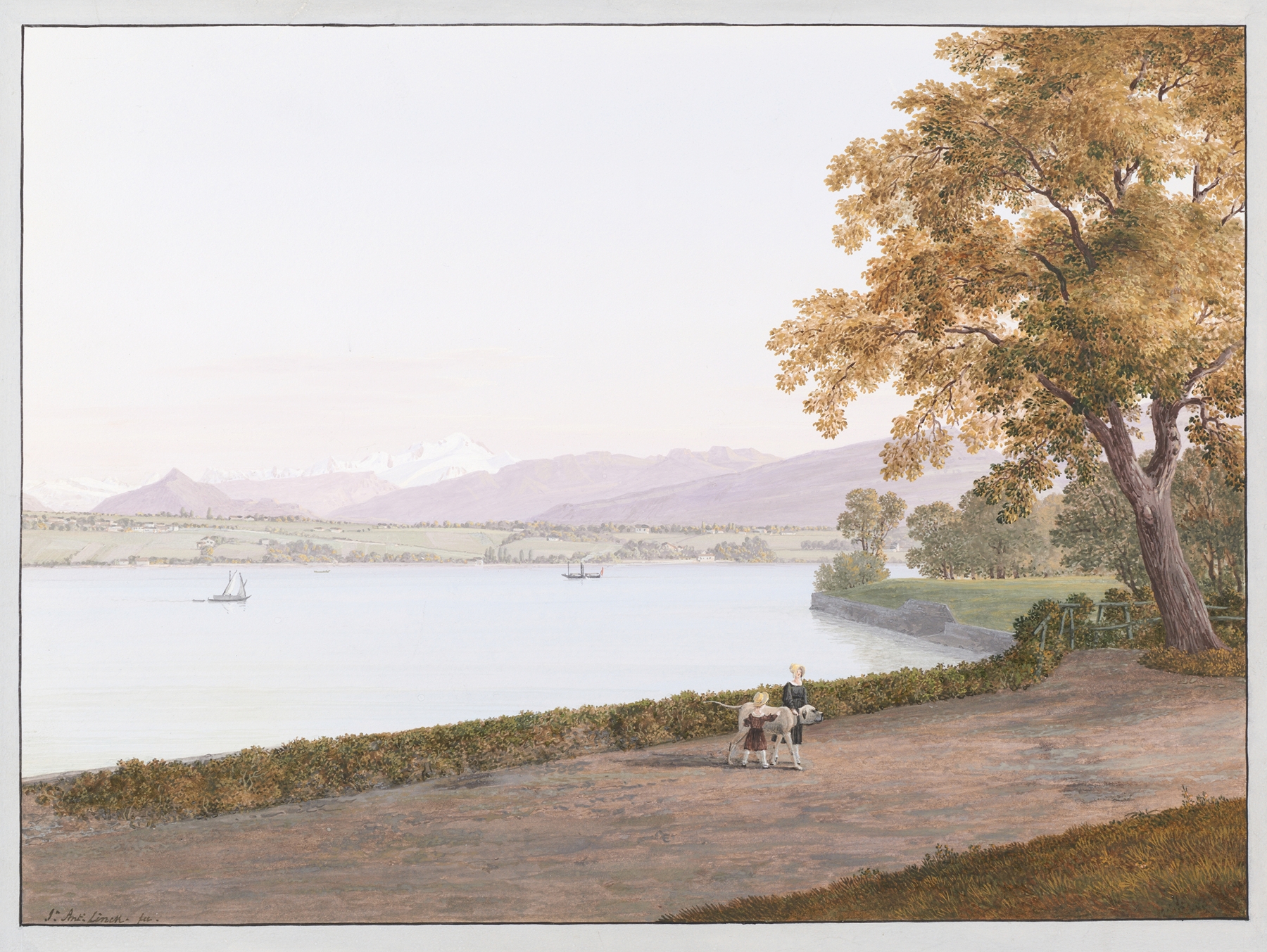 Vue du Lac Léman près de Genève by Jean-Antoine Linck, oil on canvas showing a tranquil lake and distant mountains.