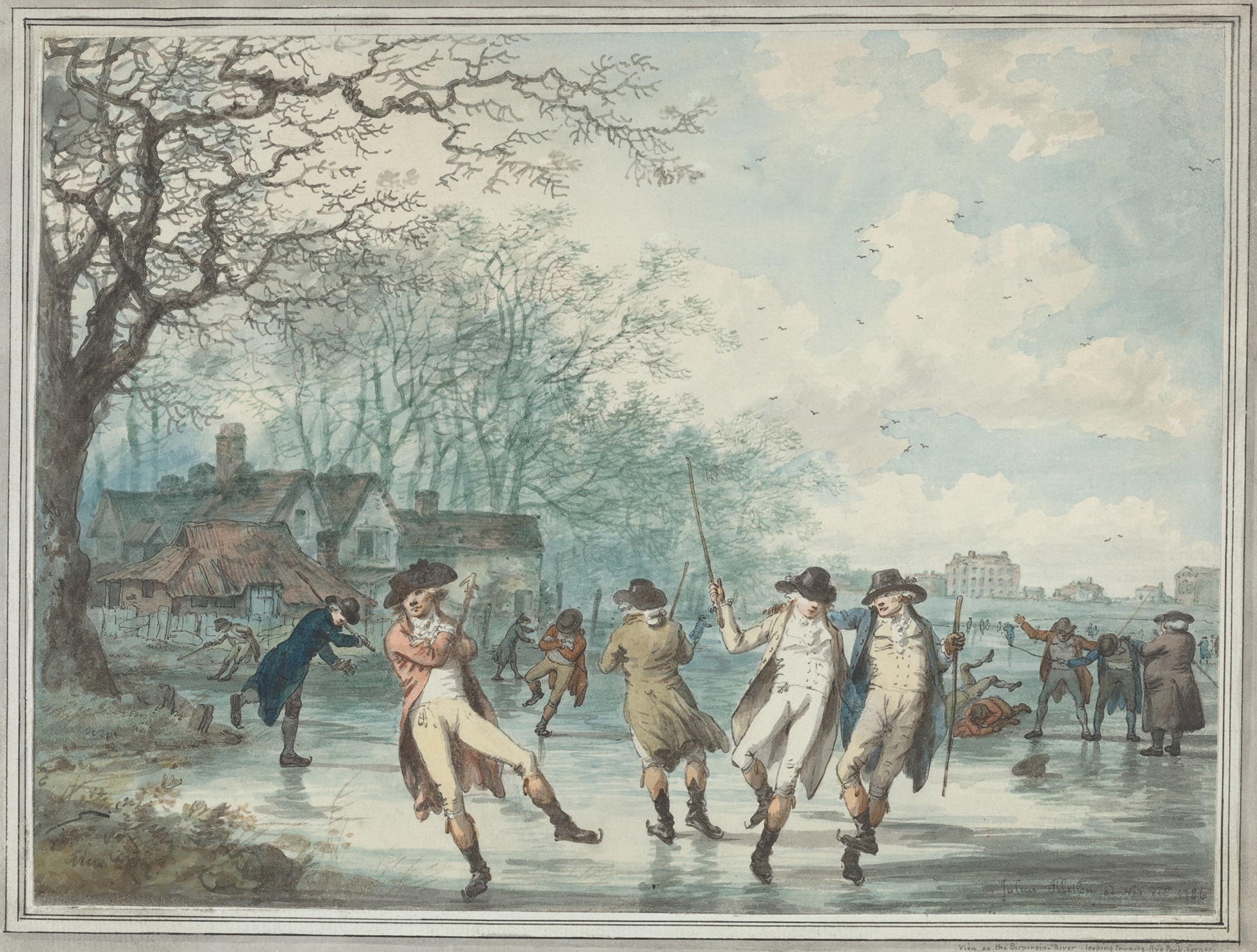 Skaters gliding on the ice in Hyde Park, oil on canvas by Julius Caesar Ibbetson