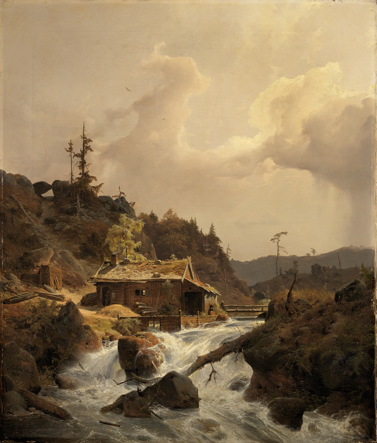 Norwegische Landschaft mit Sägemühle, by Andreas Achenbach, public domain
