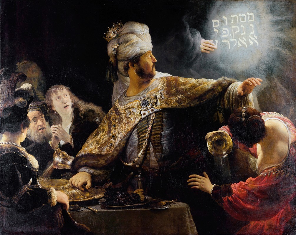 Rembrandt's 'Belshazzar's Feast' depicts a dramatic biblical scene with rich colors and intricate details.
