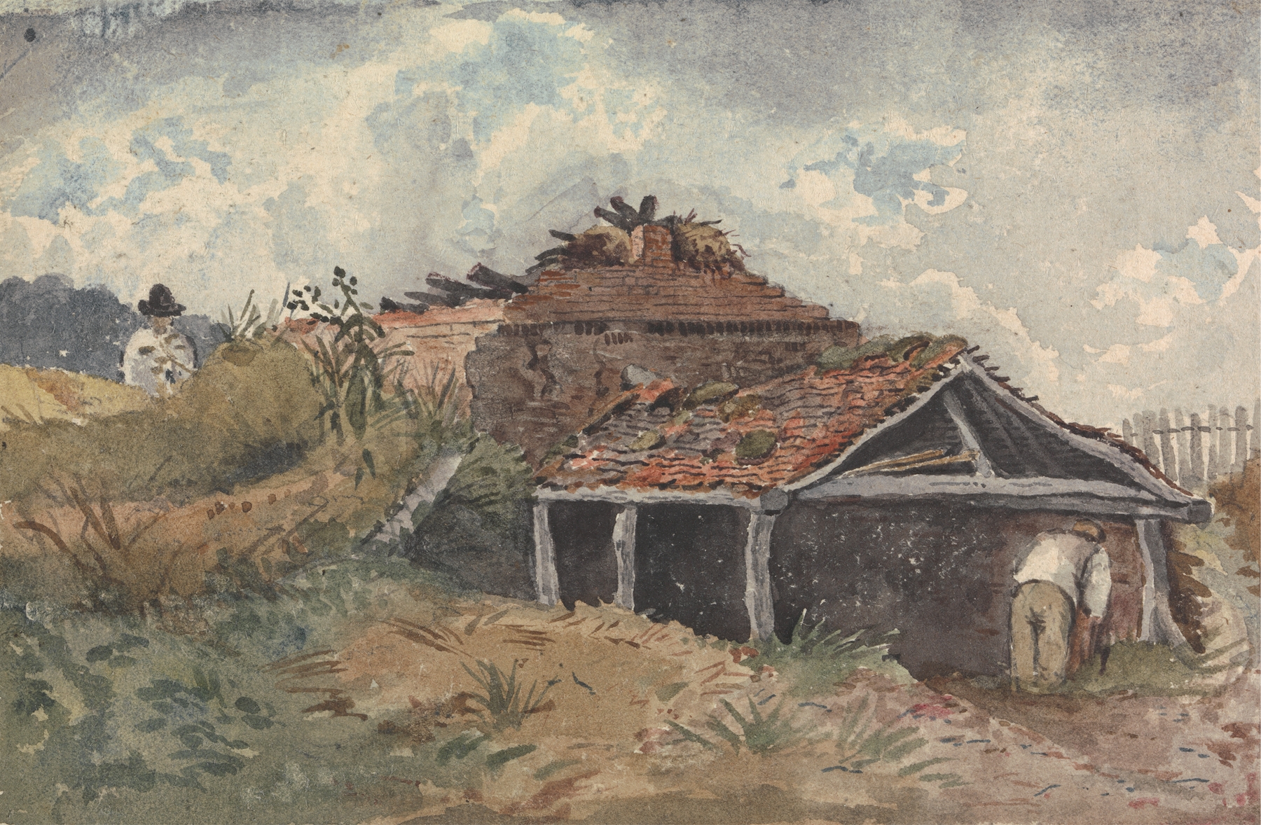 Landscape with two figures beside an old building, oil on canvas by David Charles Read