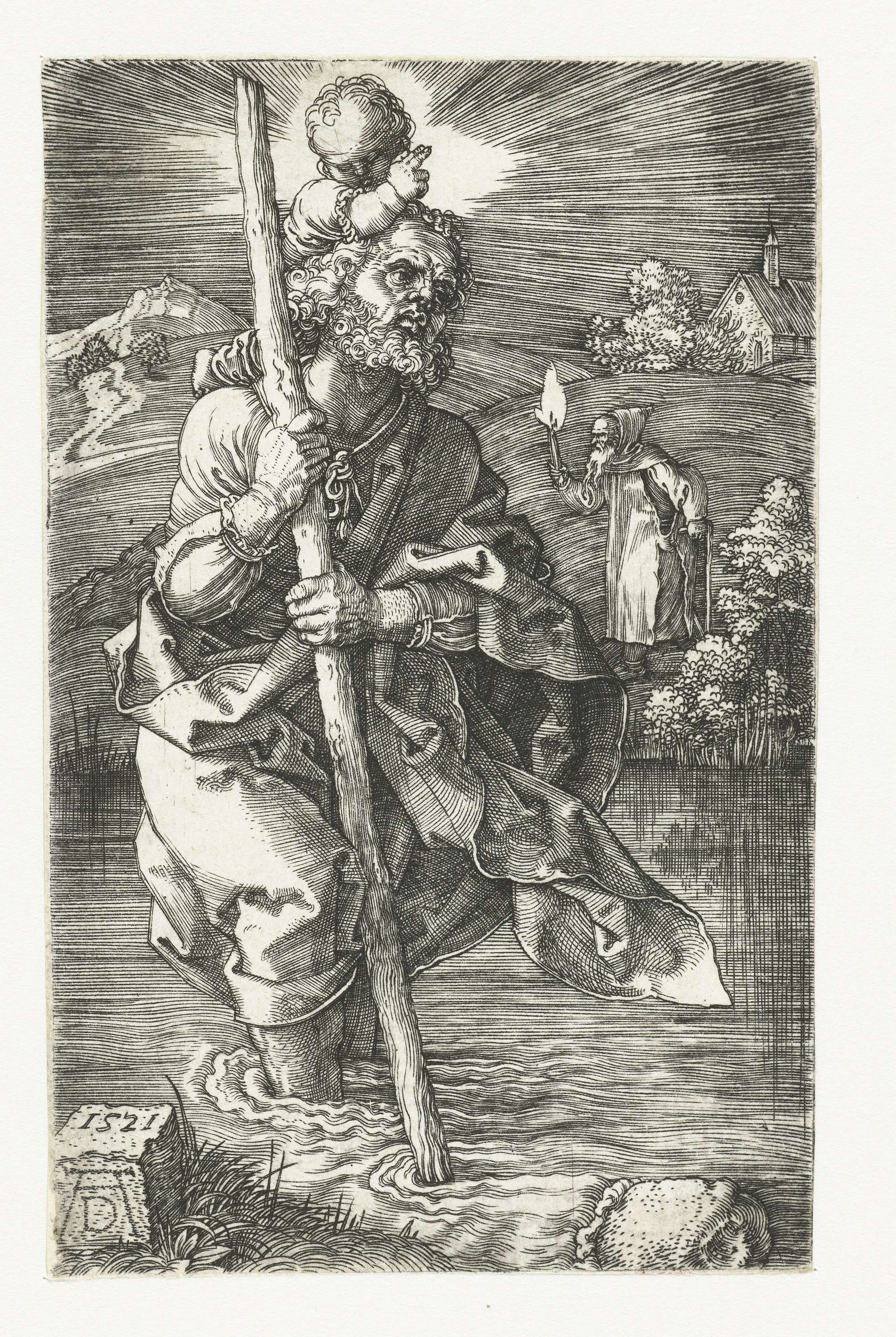 Engraving by Albrecht Dürer depicting Saint Christopher carrying the Christ Child