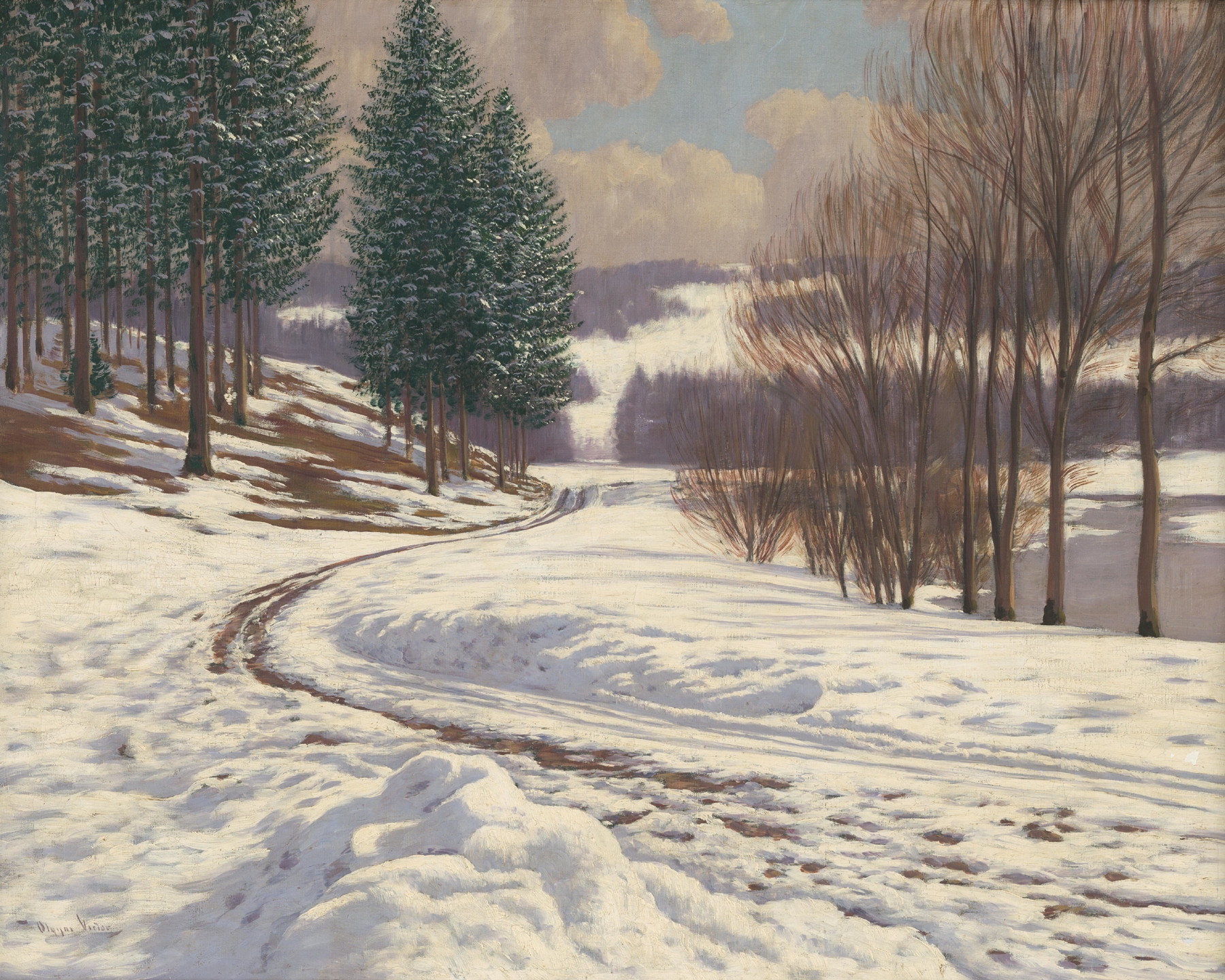 Winter landscape oil painting by Viktor Olgyai, featuring soft whites and grays.