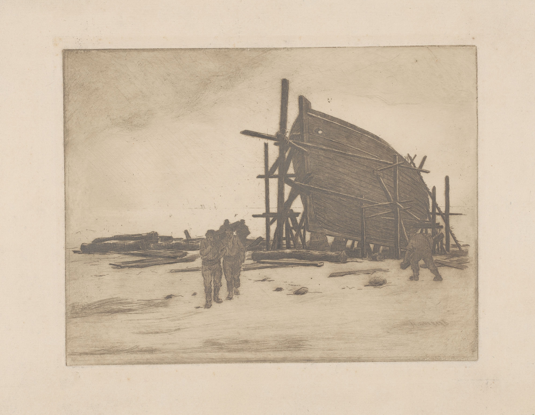 Etching by Henri-Charles Guérard showing wooden ribs and craftsmanship in boat construction