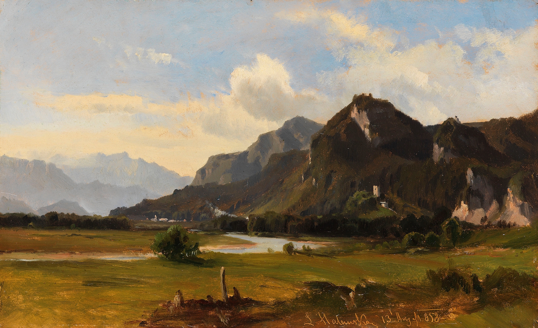 Landschaft bei Flintsbach am Inn by Ludwig Halauska, oil on canvas depicting a tranquil village in rolling hills.