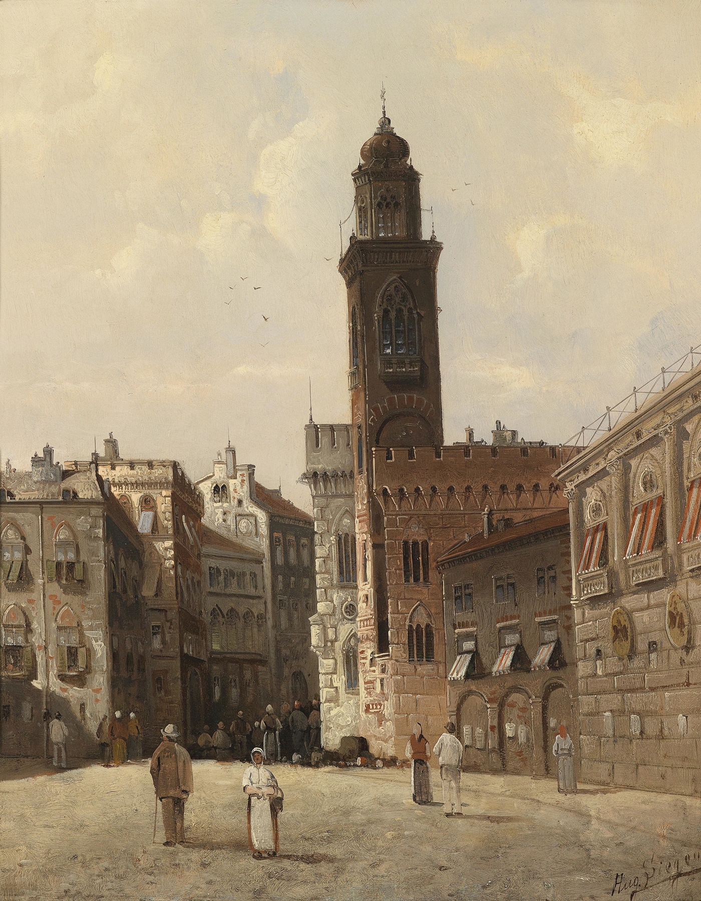 Landscape depicting a cityscape at dusk by August Von Siegen