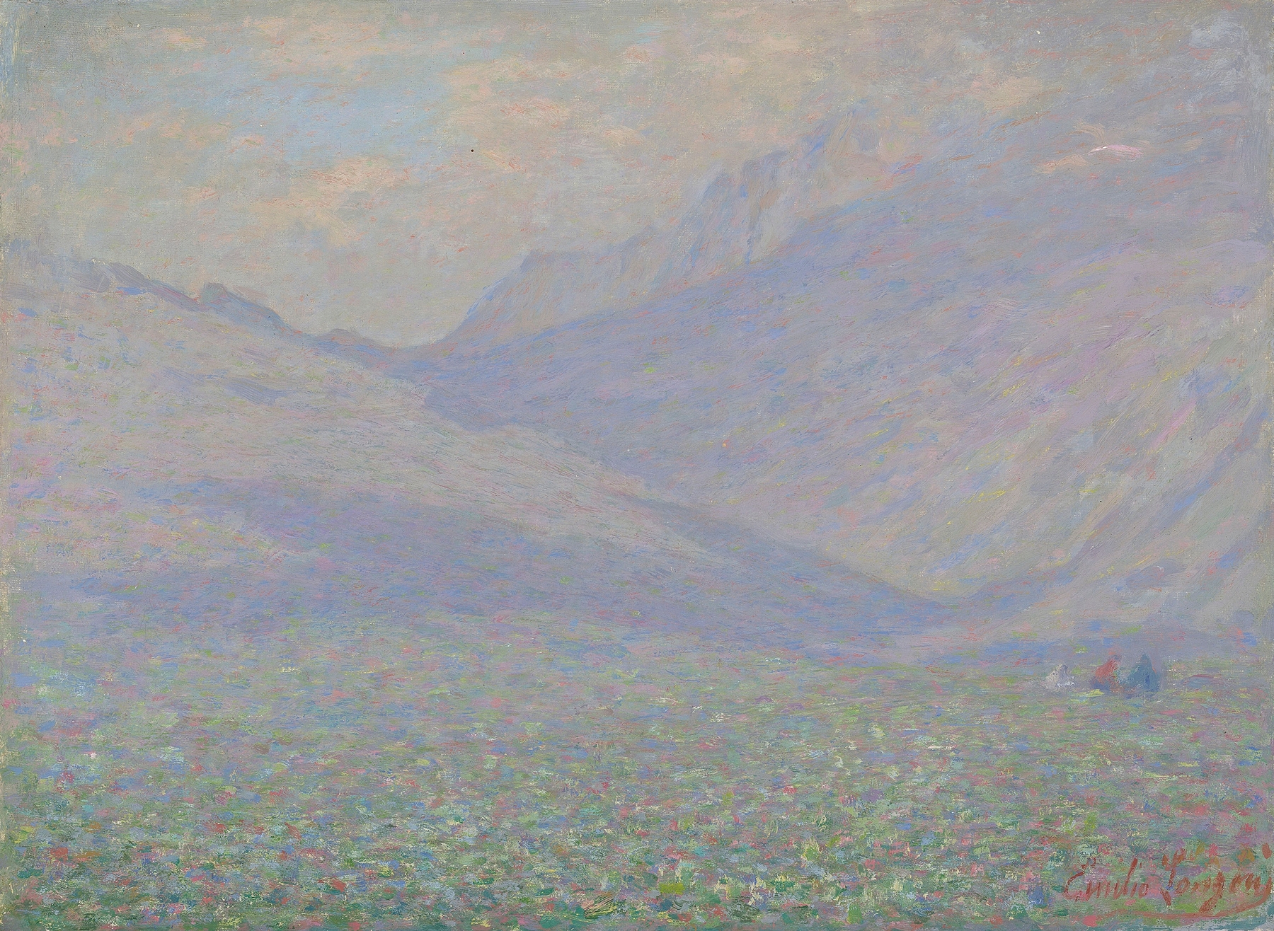 Landscape In Valtellina by Emilio Longoni, depicting rolling hills and mountains in a hazy sunset.