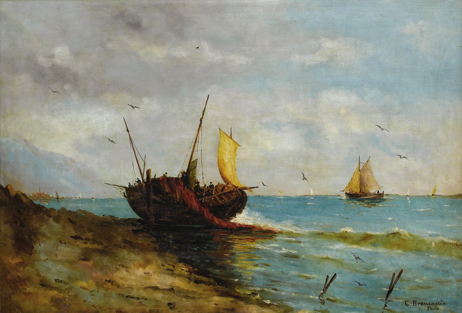 Coastal view with boats along the shore, oil on canvas by Carlo Brancaccio