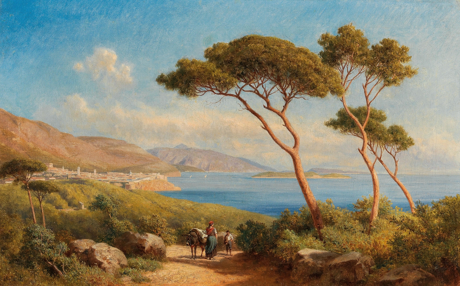 A Neapolitan landscape by Gottfried Seelos, oil painting depicting hills and a village under a bright sky.