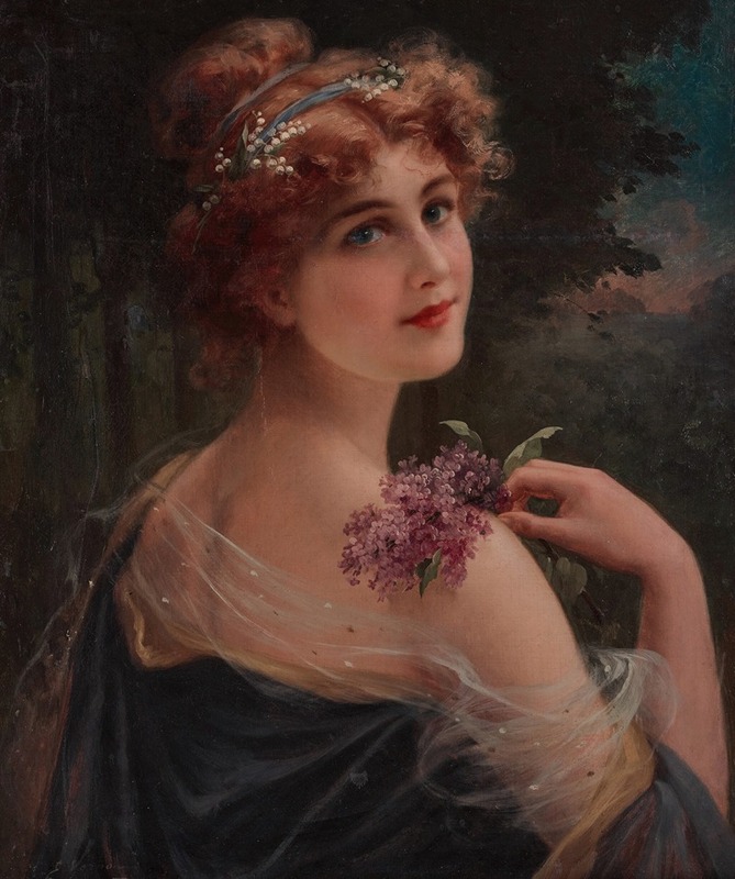 A portrait of a young woman holding lilacs, showcasing soft colors and delicate brushwork.