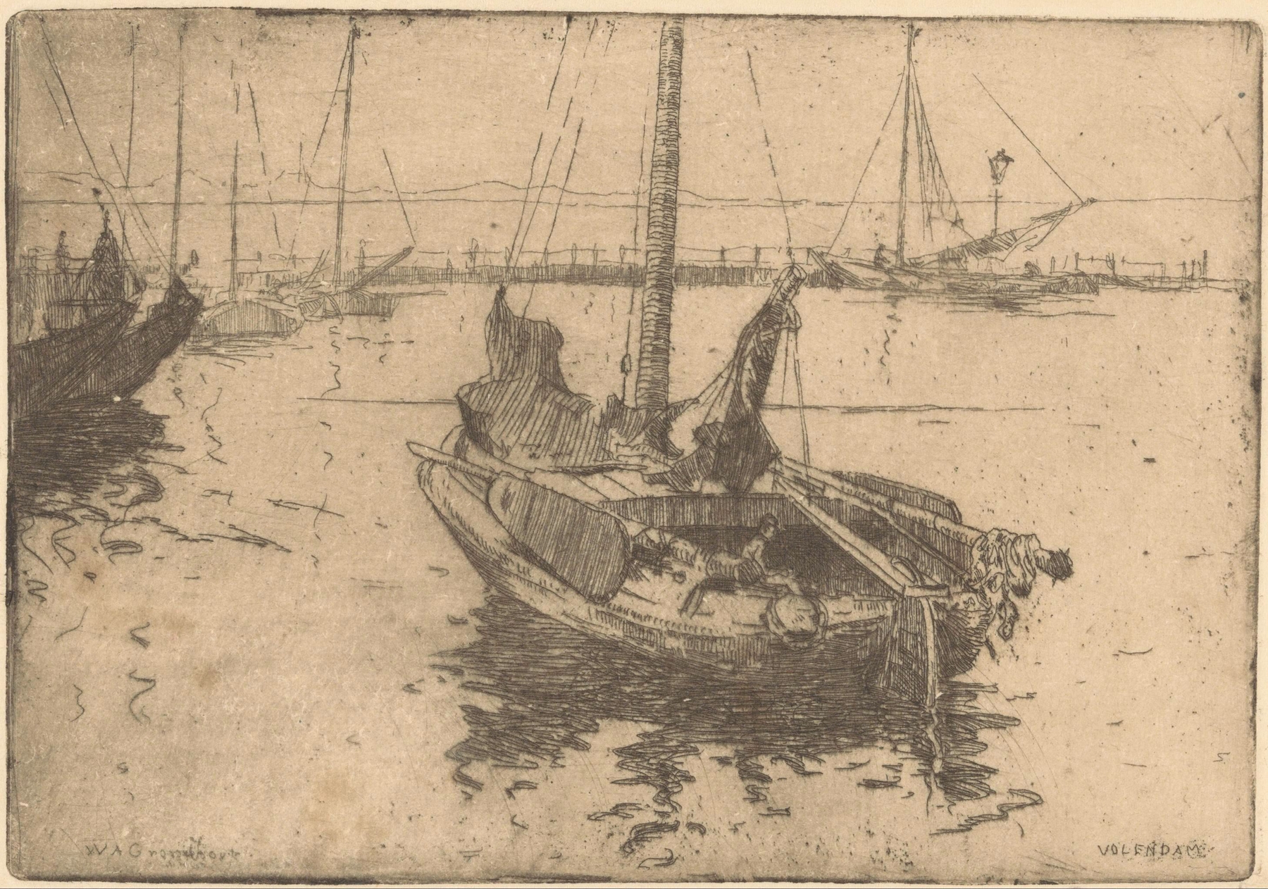 Marine scene with boats in the harbor, oil on canvas by Willem Adrianus Grondhout
