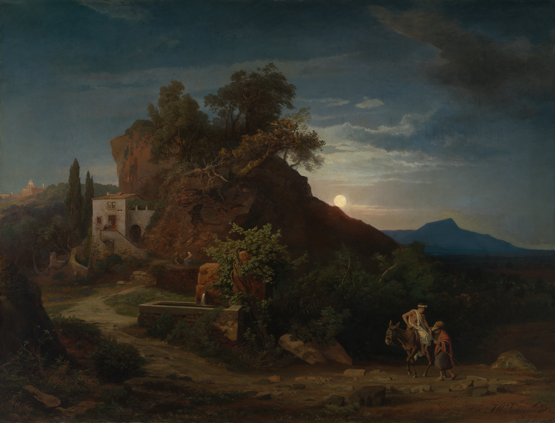 Die Nacht, Die Ankunft des Samariters mit dem Verletzten in der Herberge, by Johann Wilhelm Schirmer, public domain