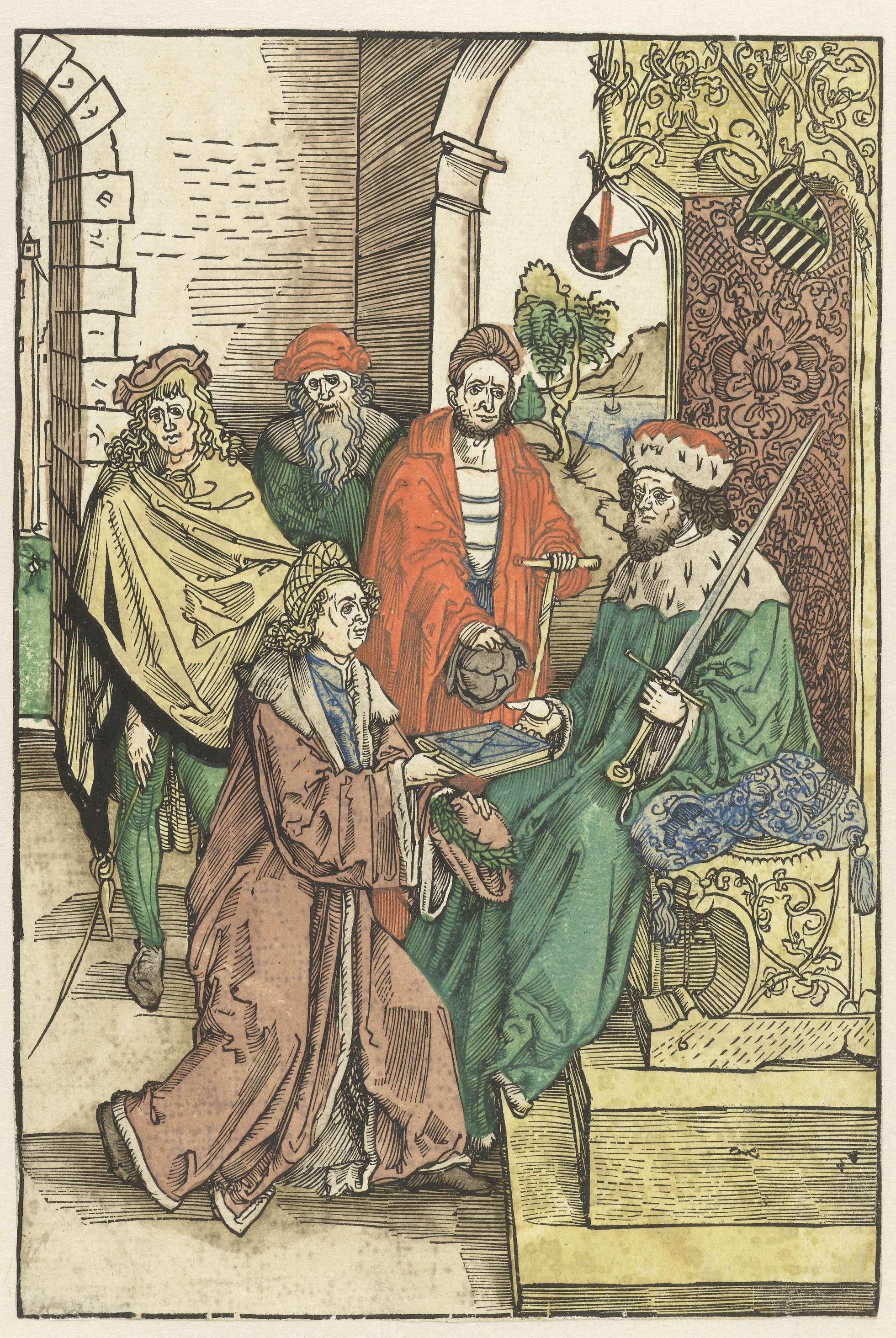 Conrad Celtis biedt Frederik III de Wijze, keurvorst van Saksen, een boek met het werk van Roswitha van Gandersheim aan, by Albrecht Dürer, public domain