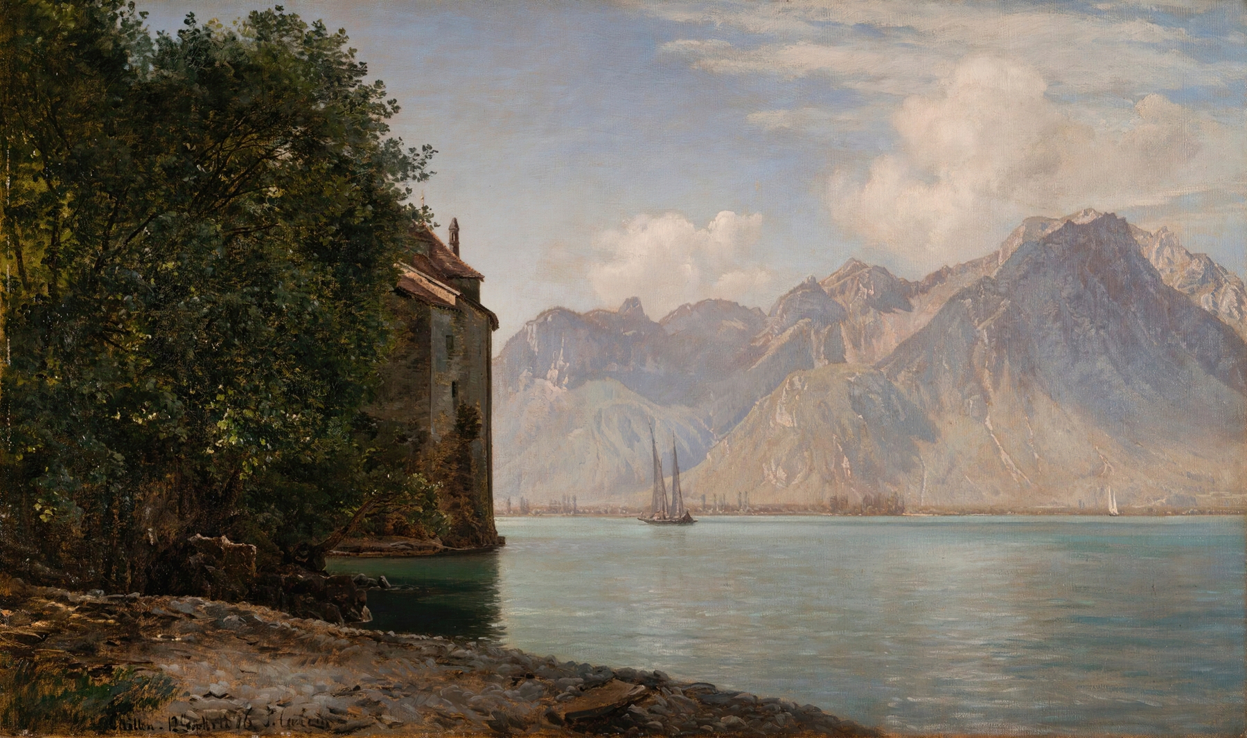 Château De Chillon, Lake Geneva by Janus la Cour, oil painting depicting a castle by the lake