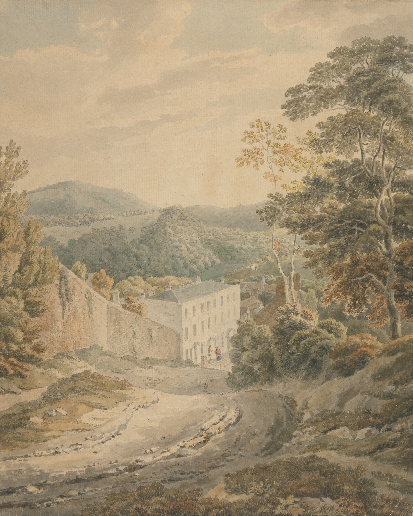 Landscape, Looking Downhill to a Village Dominated by a Large Three-Storied Stone House, by Michael Angelo Rooker, public domain