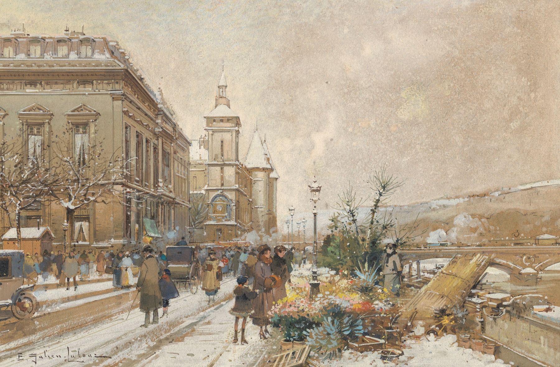 Le Marché aux fleurs, oil on canvas by Eugène Galien-Laloue, depicting a vibrant flower market
