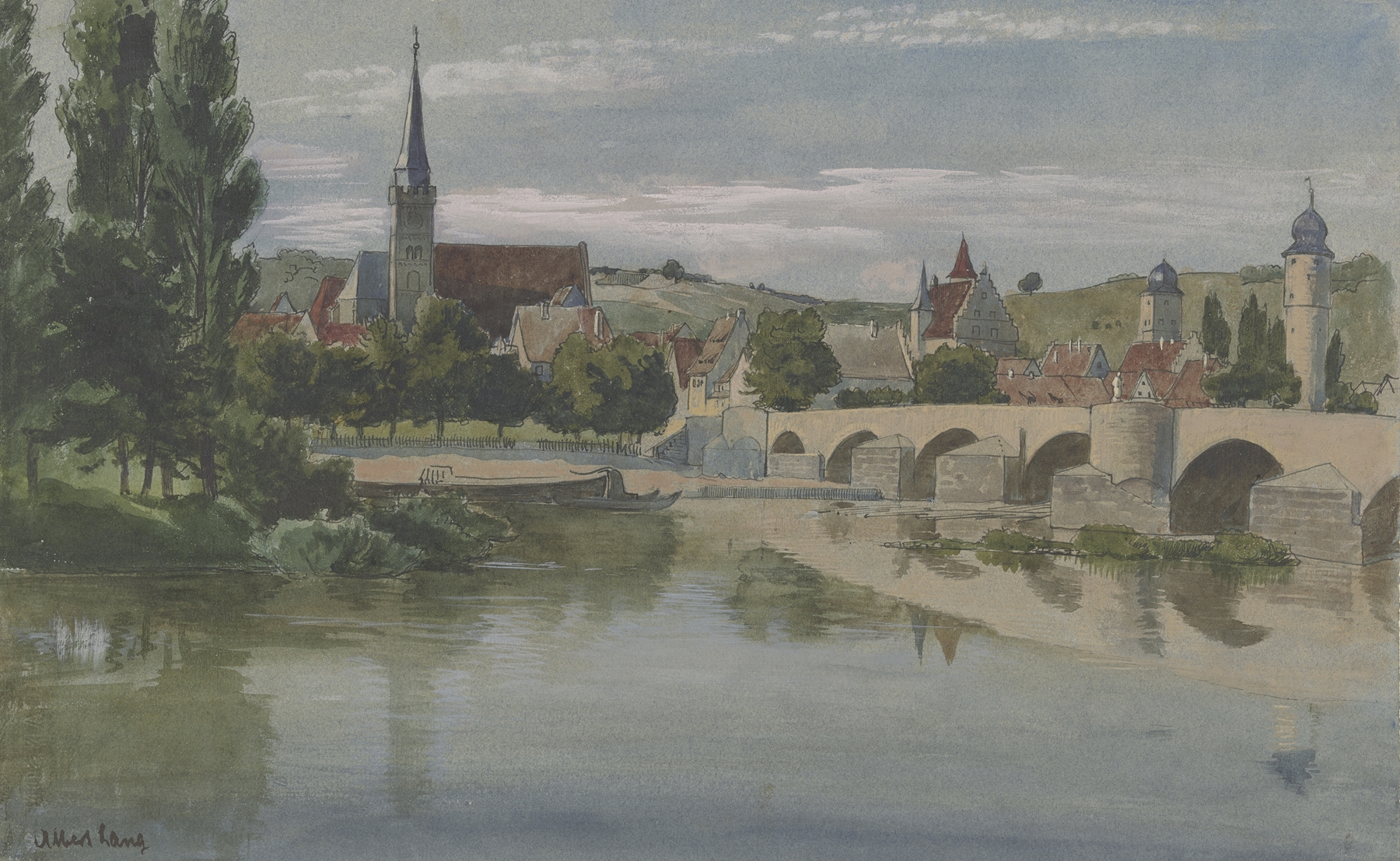 Landscape depicting a serene river and village, oil on canvas by Albert Lang