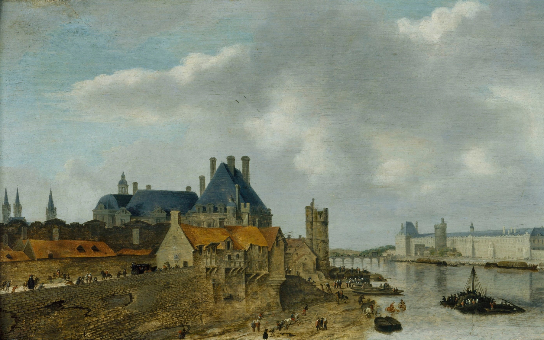 Le quartier du Petit Nesle avec l’Hôtel de Nevers, la tour de Nesle, la Grande Galerie du Louvre et le pont Royal (en bois), vus du Pont-Neuf., by Abraham de Verwer, public domain
