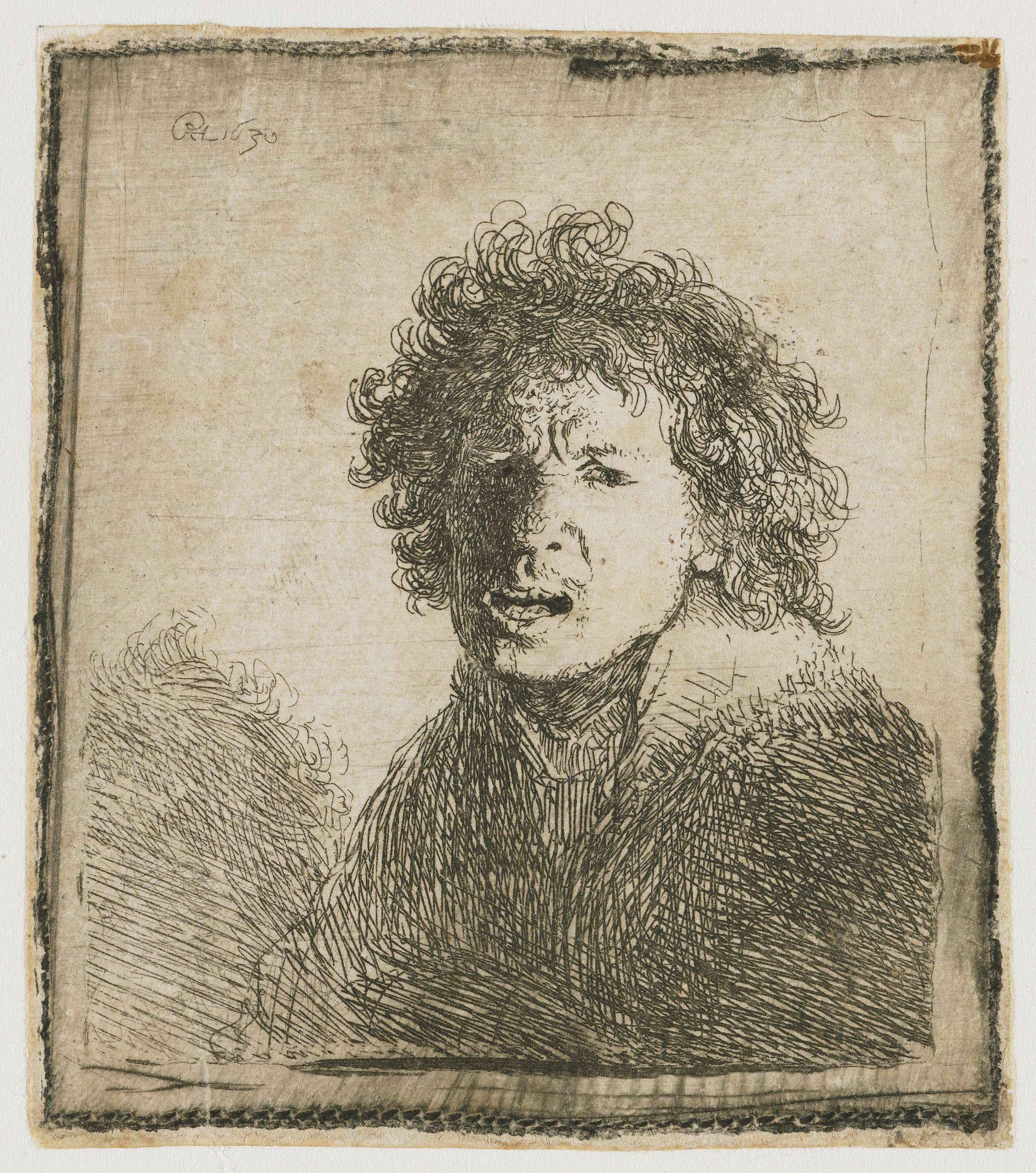 Self-portrait open mouthed, as if shouting: bust, by Rembrandt van Rijn, public domain