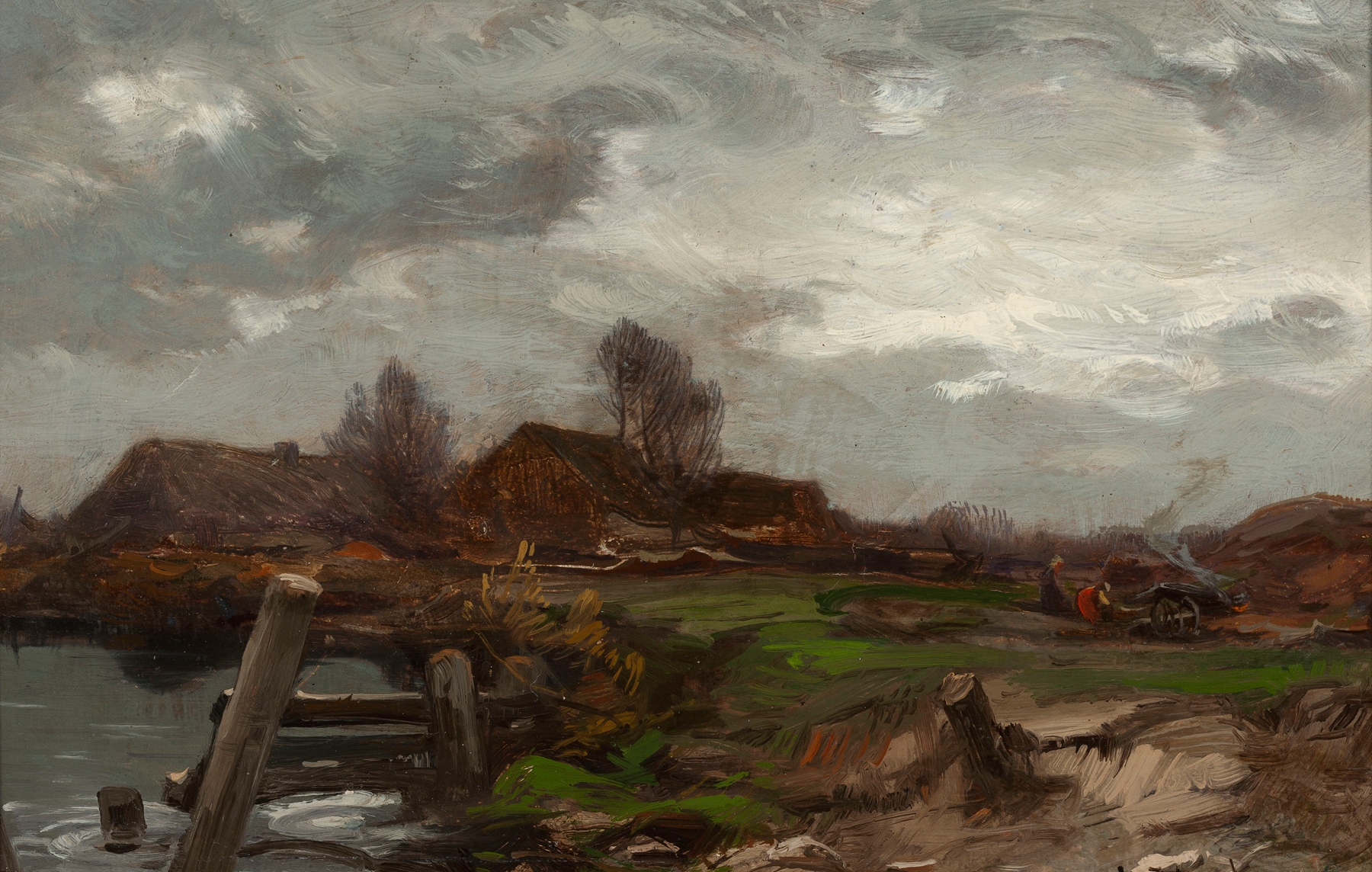 Landscape – Cottages at Waterside by Roman Kazimierz Kochanowski, oil painting depicting cottages by the water
