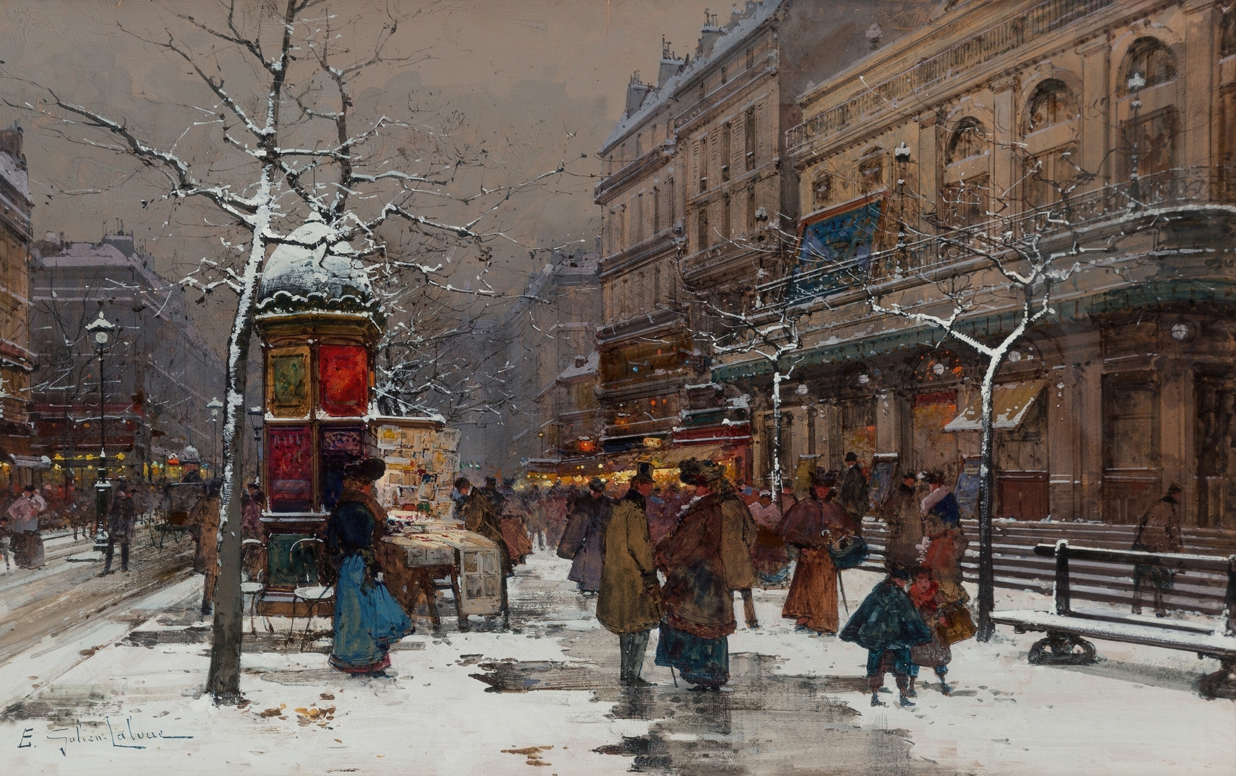 Winter genre scene of Paris boulevard by Eugène Galien-Laloue, unknown medium