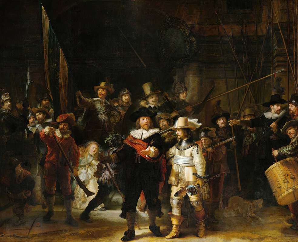 Rembrandt's 'Night Watch' depicts a lively militia scene with dramatic lighting.