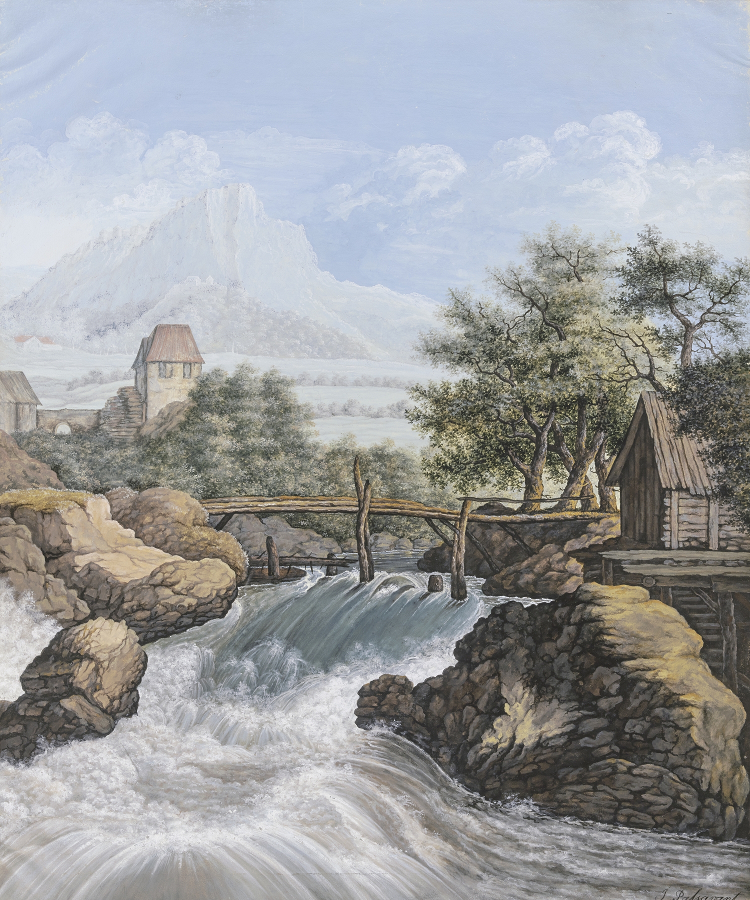 Landscape featuring a brook and bridge by Johann David Passavant