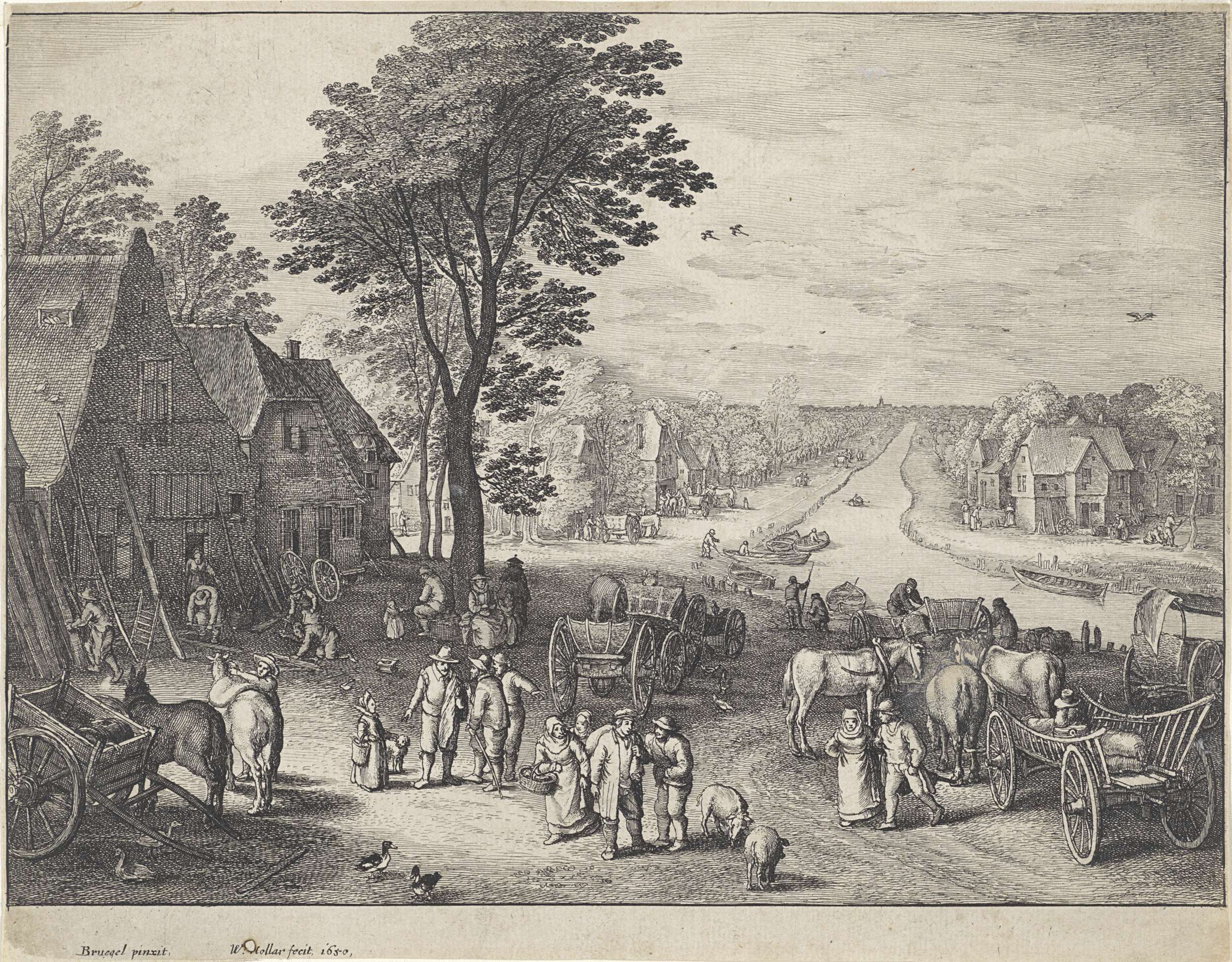 Etching by Wenceslaus Hollar depicting a village landscape with a canal.