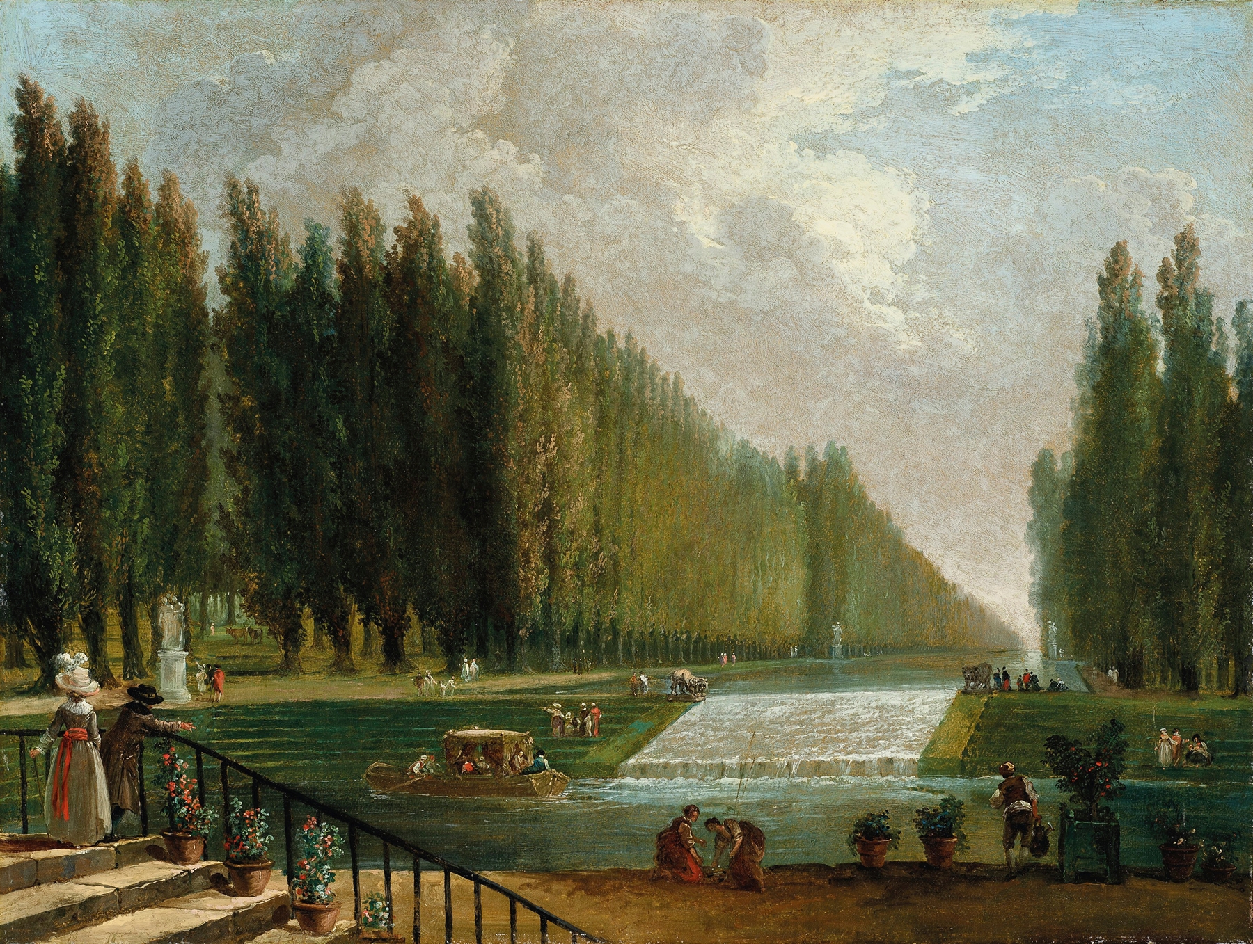 Rococo oil painting by Hubert Robert depicting a park with figures and a waterfall