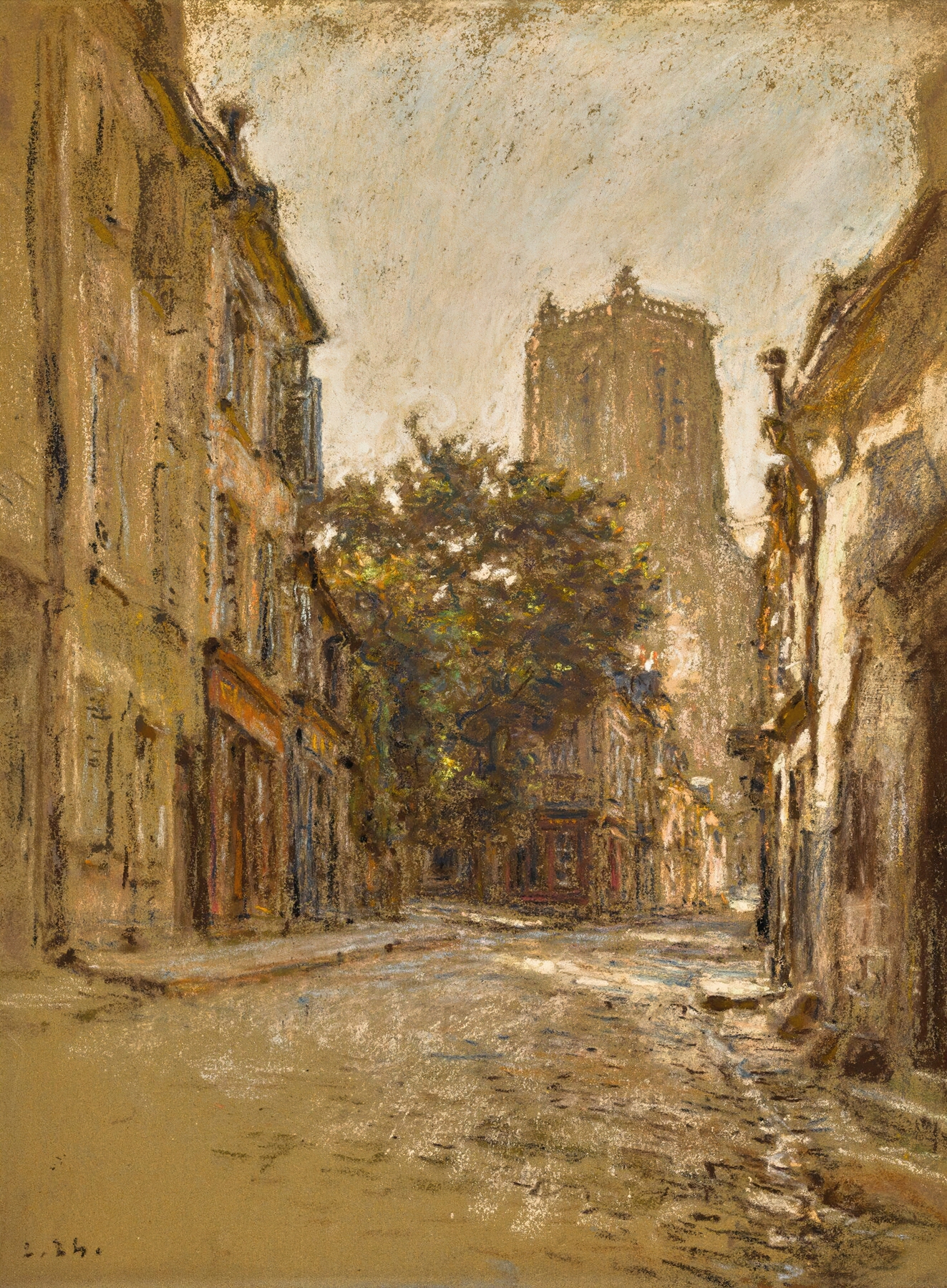 Une Rue À Bourges by Léon Augustin Lhermitte, realism, depicting a village street with cobblestones at sunset.