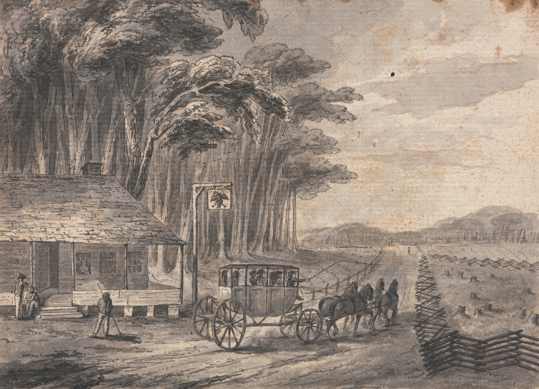 American Stage Wagon by Isaac Weld, realism, depicts a wagon on an empty stage with dramatic lighting.